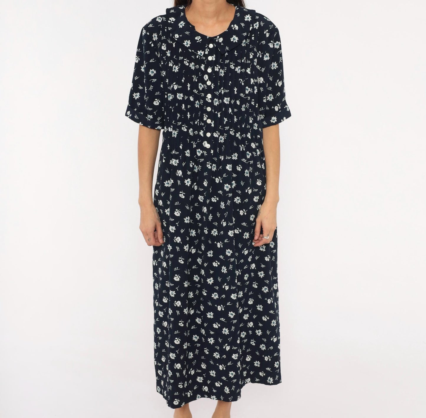 90s Kathie Lee Navy Floral Midi Dress Peter Pan Collar Pintuck Bodice Large L