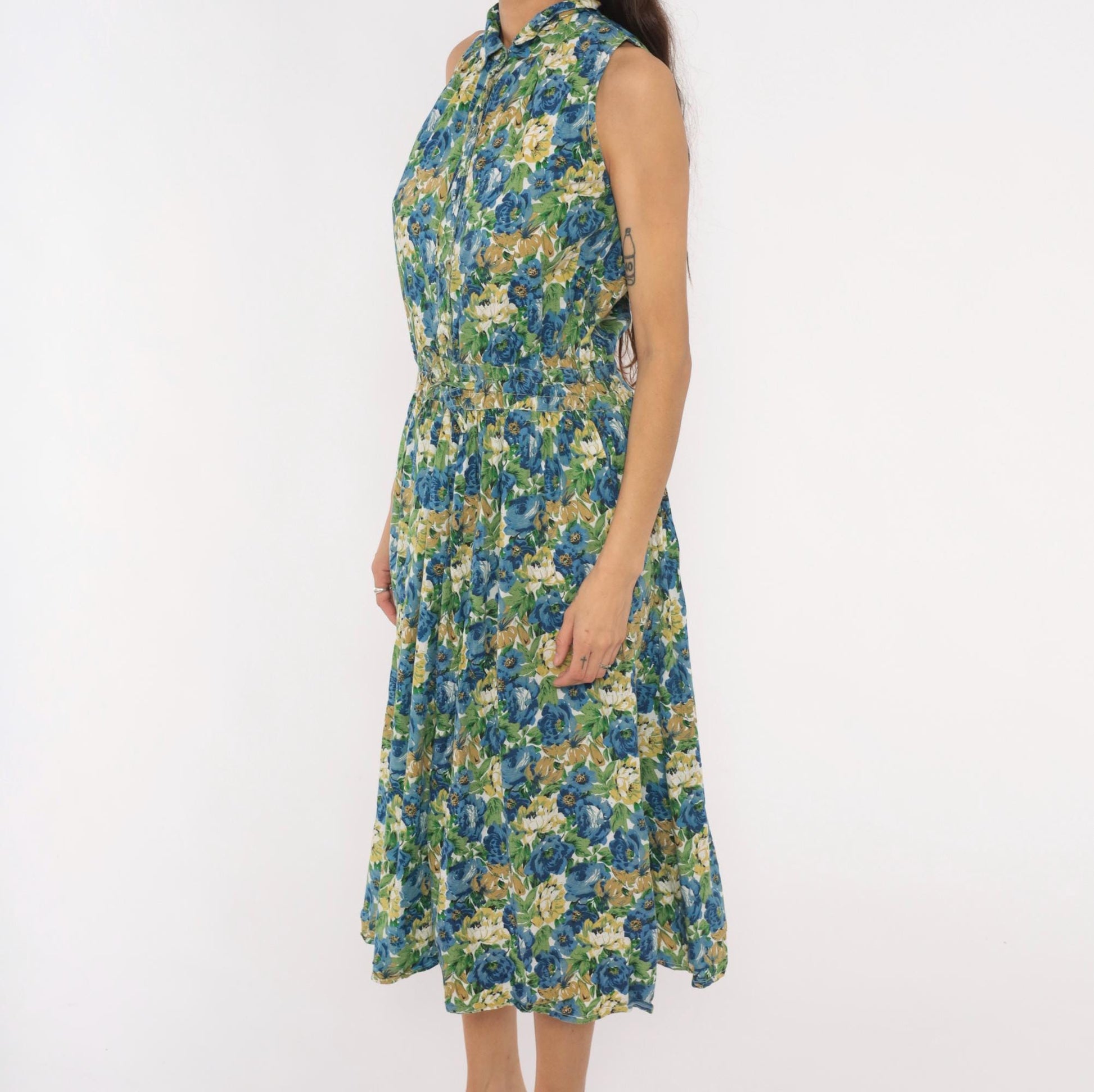 90s Penbrooke Lane Floral Shirtdress Midi Collared Sleeveless Blue Rose Medium M