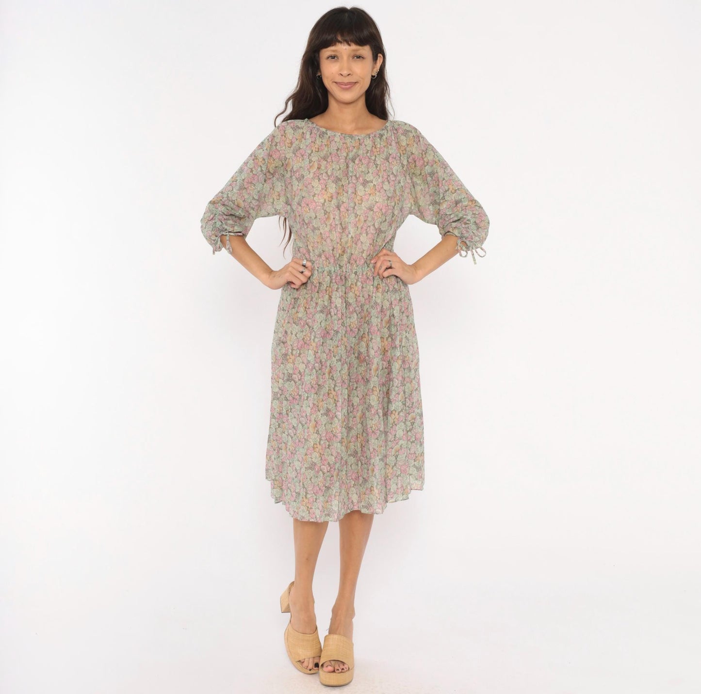 70s Bleeker Petites Floral Blouson Dress Pink Sage Green Tie Sleeve Small Medium