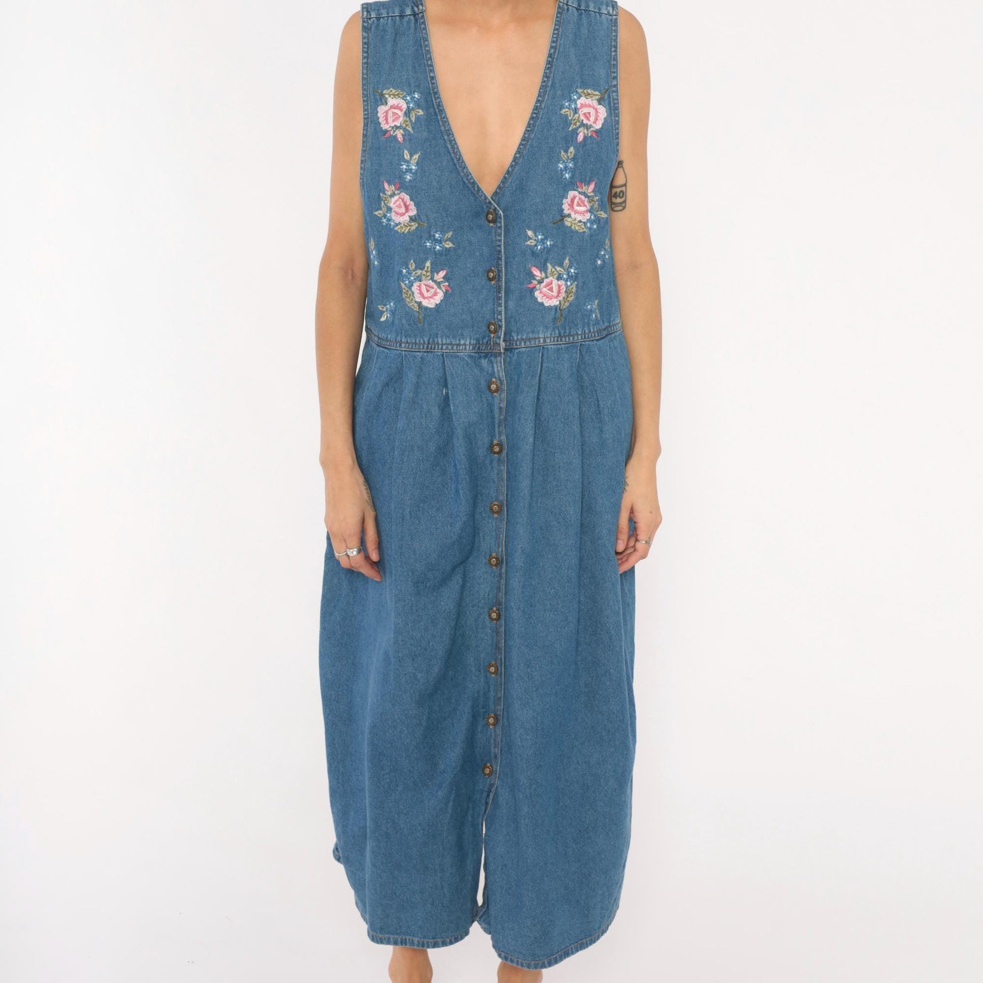 90s Casual Corner Denim Maxi Dress Floral Embroidered V-Neck Button Front Large