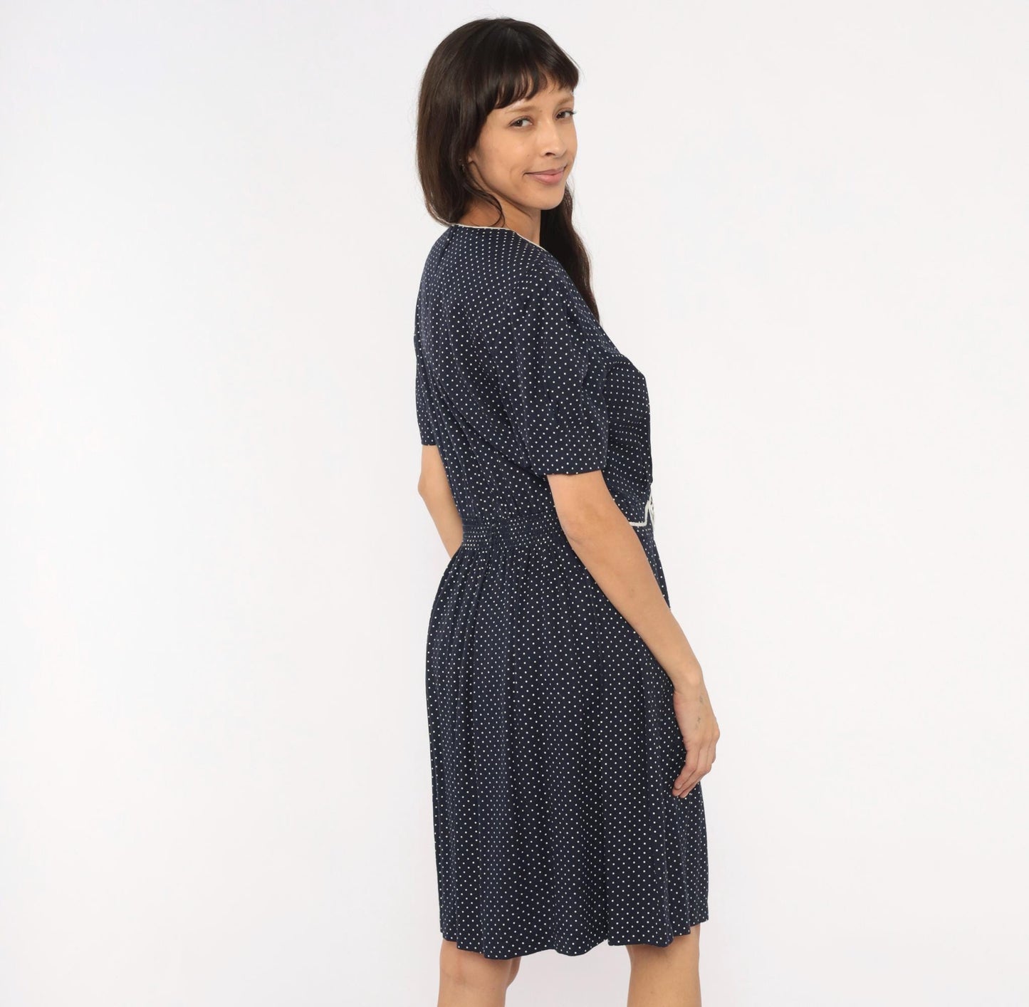 80s Miss Dorby Navy Polka Dot Dress Puff Sleeve Soutache Braid Waist Large L