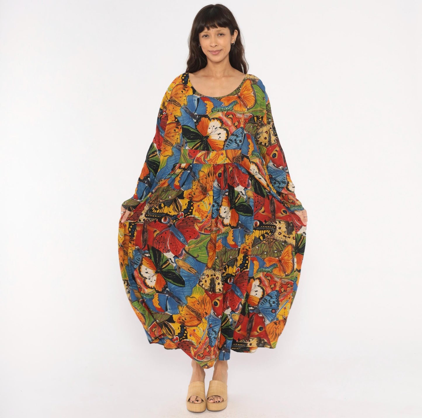 90s We Bebop Butterfly Maxi Dress Empire Waist Long Sleeve Multicolor Extra Large XXL