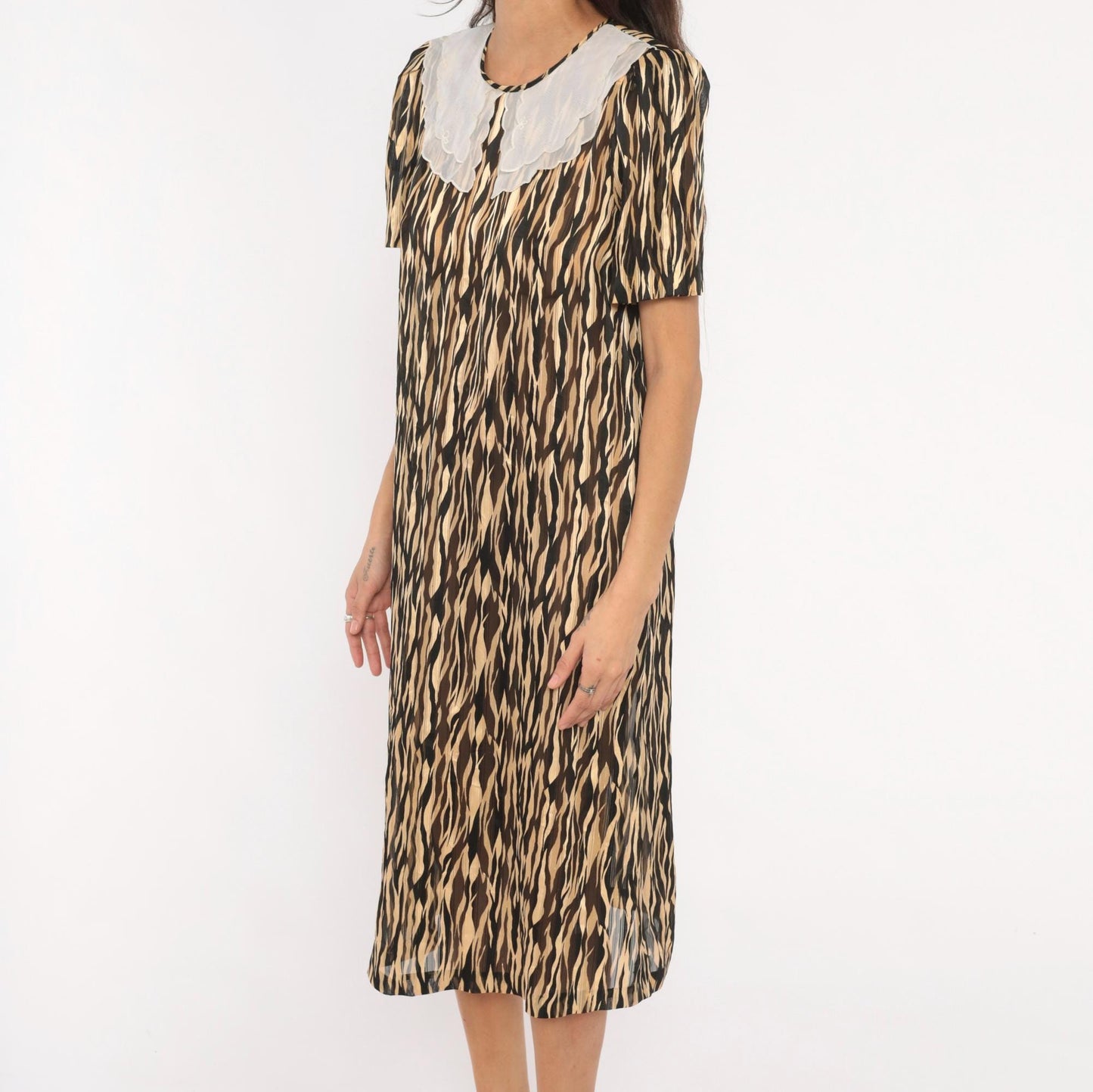 80s Animal Print Shift Dress Peter Pan Collar Tiger Stripe Midi Small