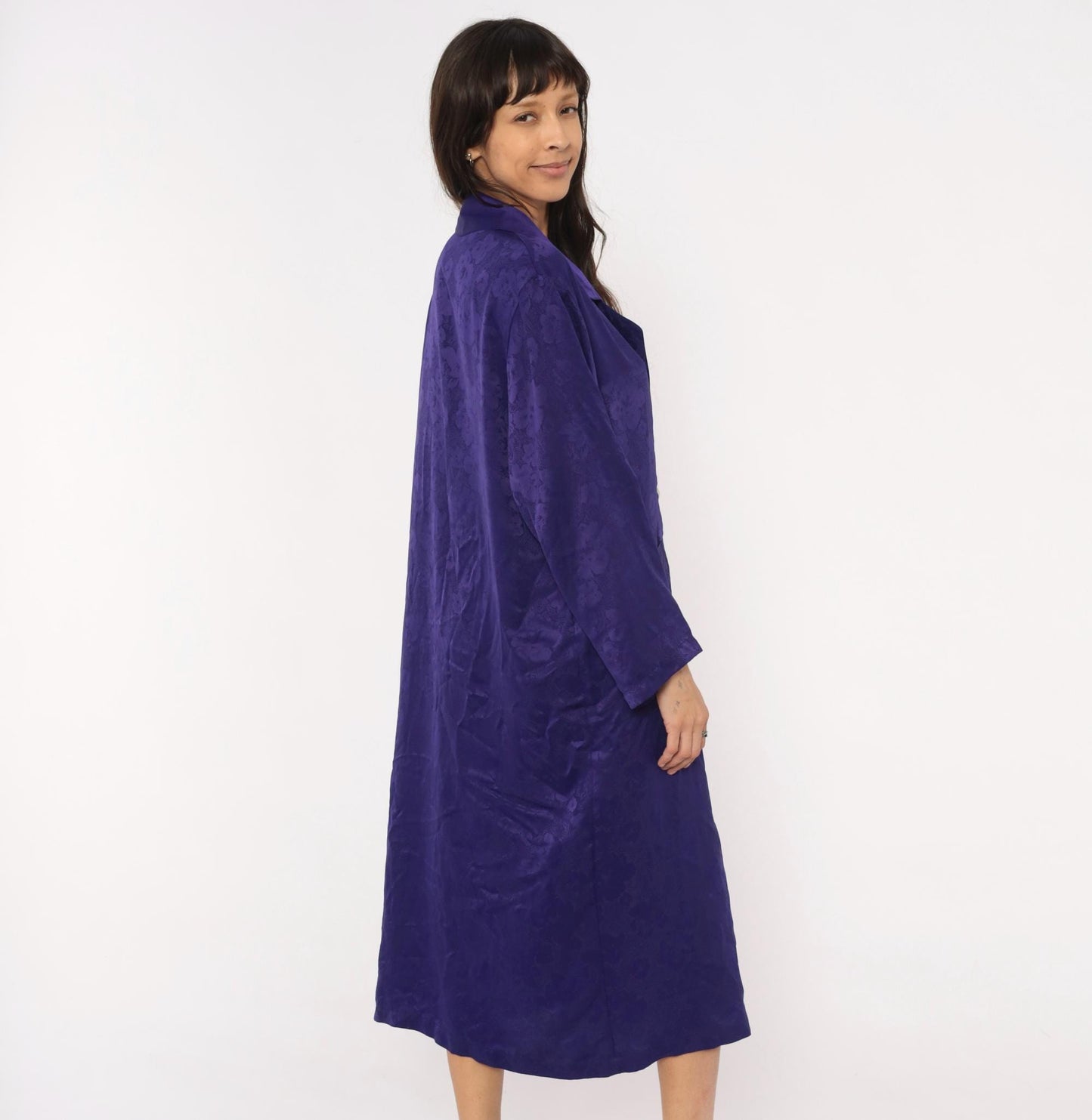 90s Victoria's Secret Purple Jacquard Midi Robe Double Breasted Satin Lapel Small