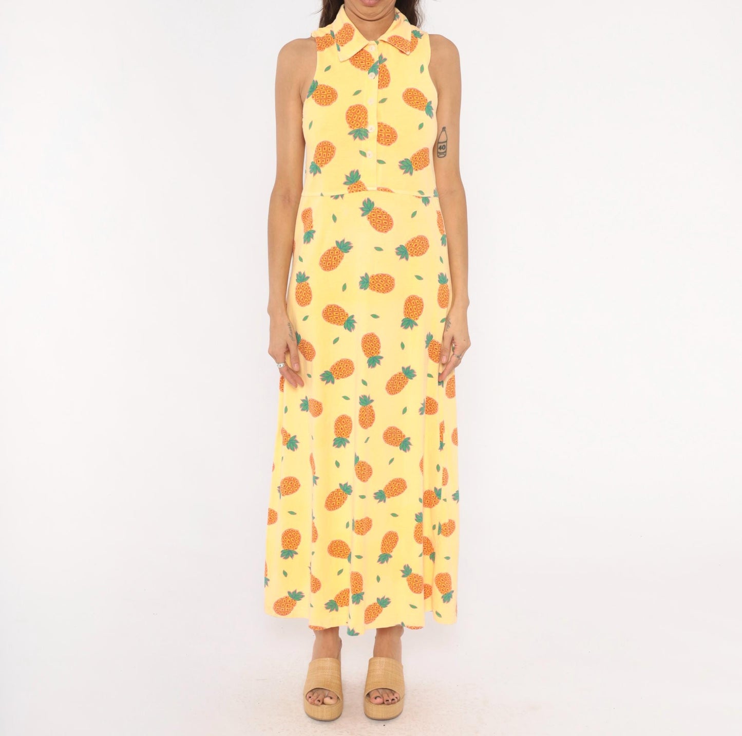 90s Zip Code Pineapple Print Maxi Dress Yellow Cotton Sleeveless Small