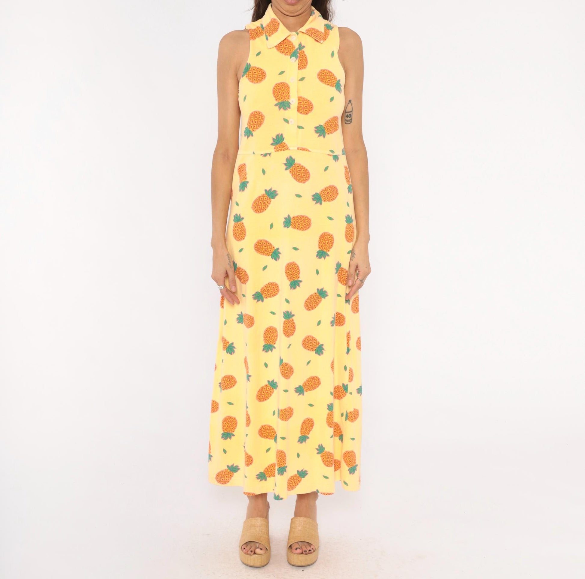 90s Zip Code Pineapple Print Maxi Dress Yellow Cotton Sleeveless Small