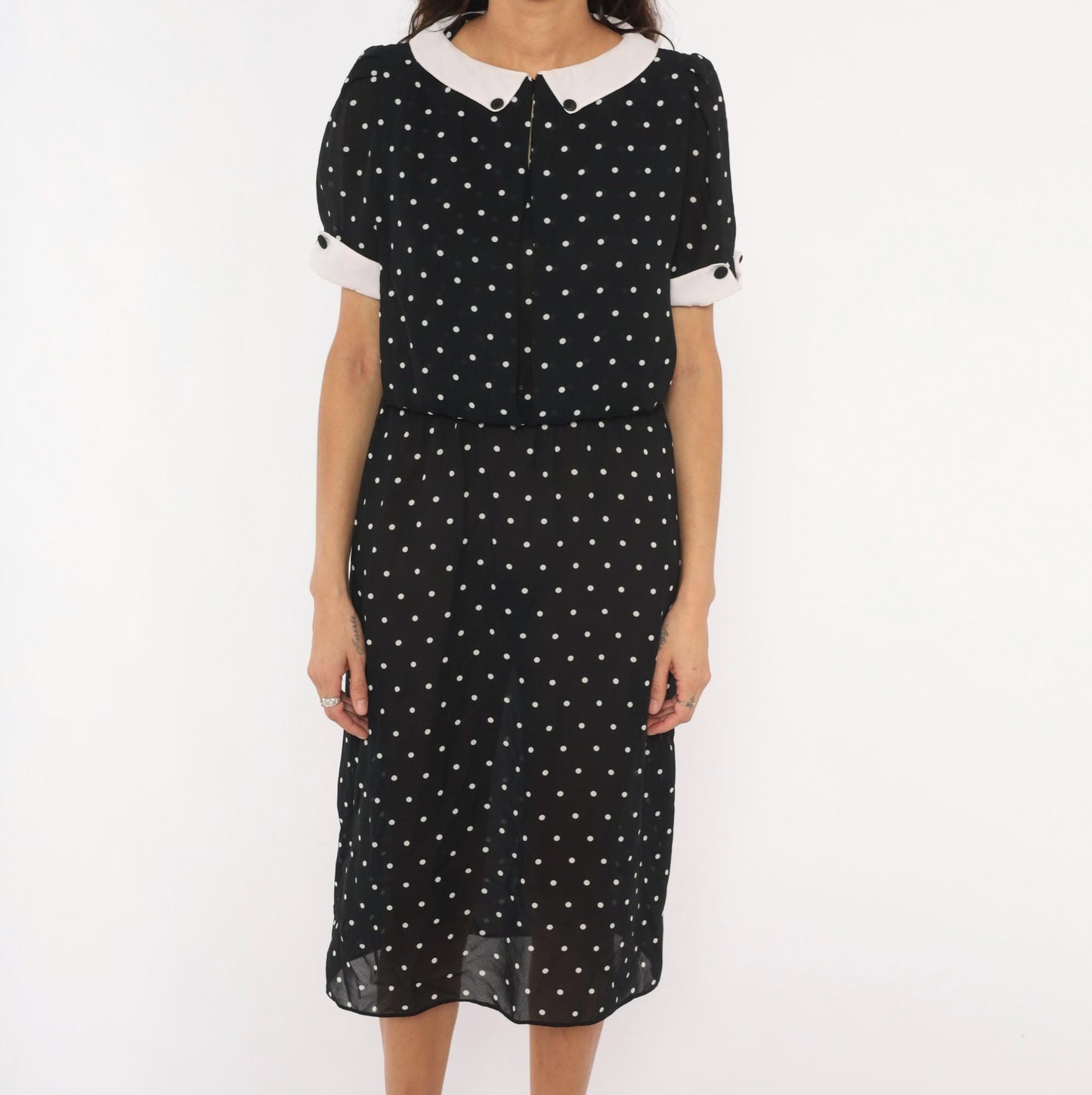 90s Farouche Black White Polka Dot Midi Dress Peter Pan Collar Small