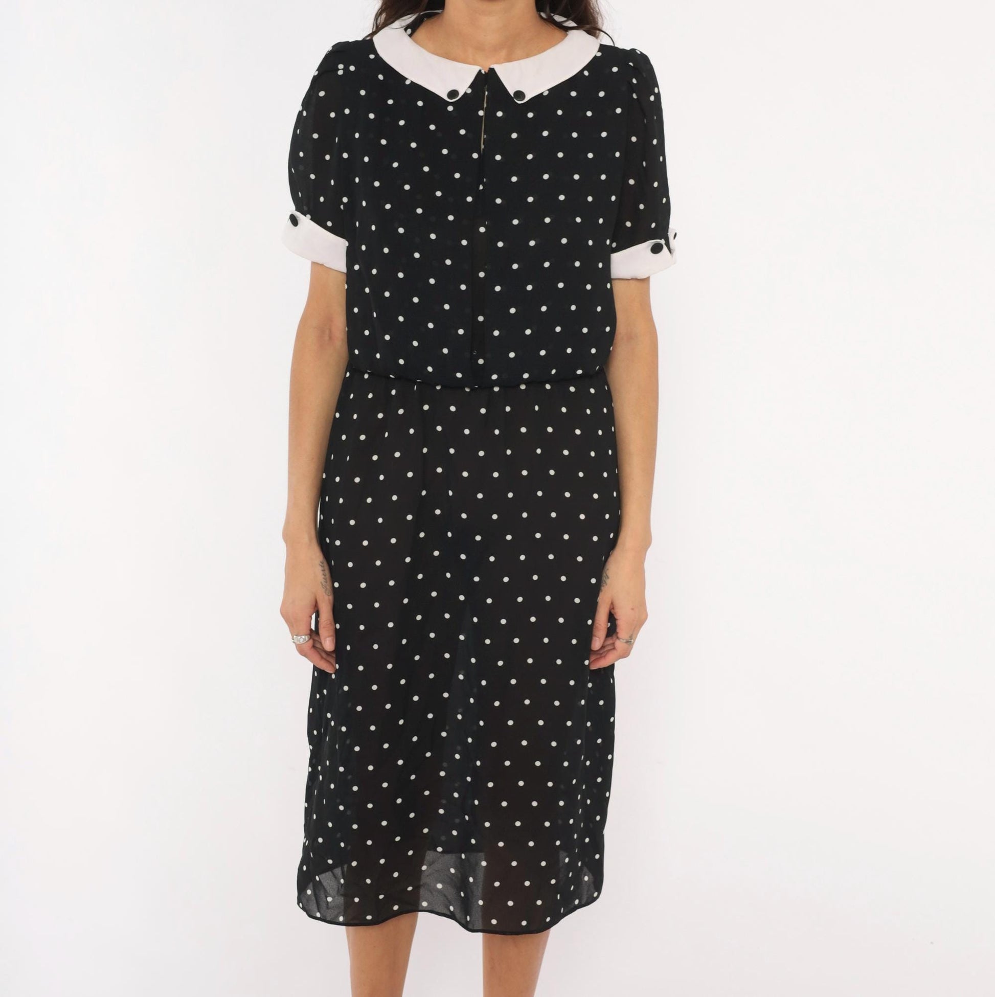 90s Farouche Black White Polka Dot Midi Dress Peter Pan Collar Small