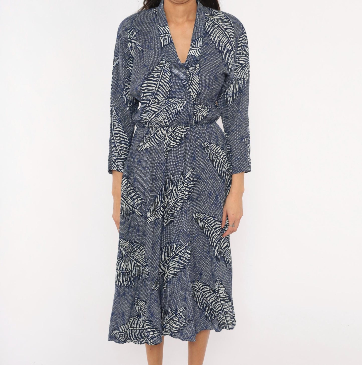 90s Kono Fern Leaf Wrap Dress Cobalt Navy Midi A-Line Small S