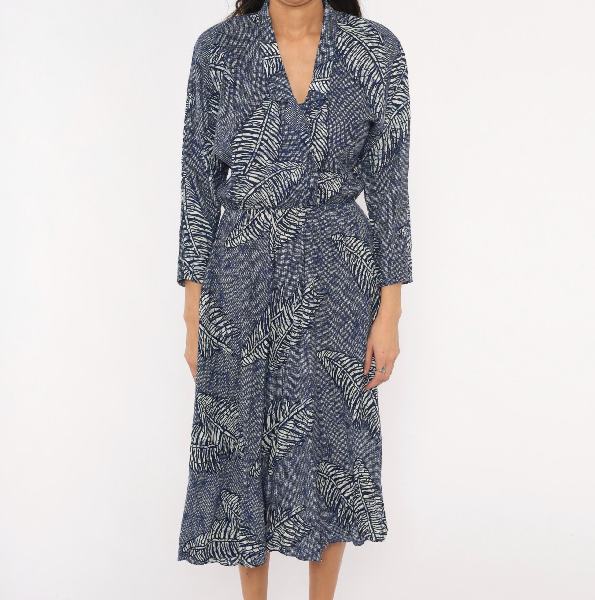 90s Kono Fern Leaf Wrap Dress Cobalt Navy Midi A-Line Small S