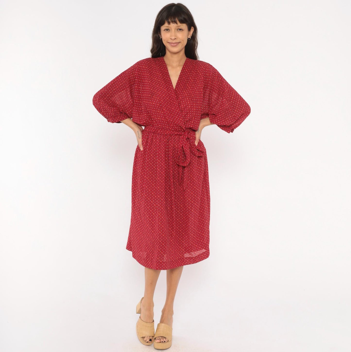 80s Virgo Il Burgundy Wrap Dress Dotted Print Knee-Length V-Neck Extra Large