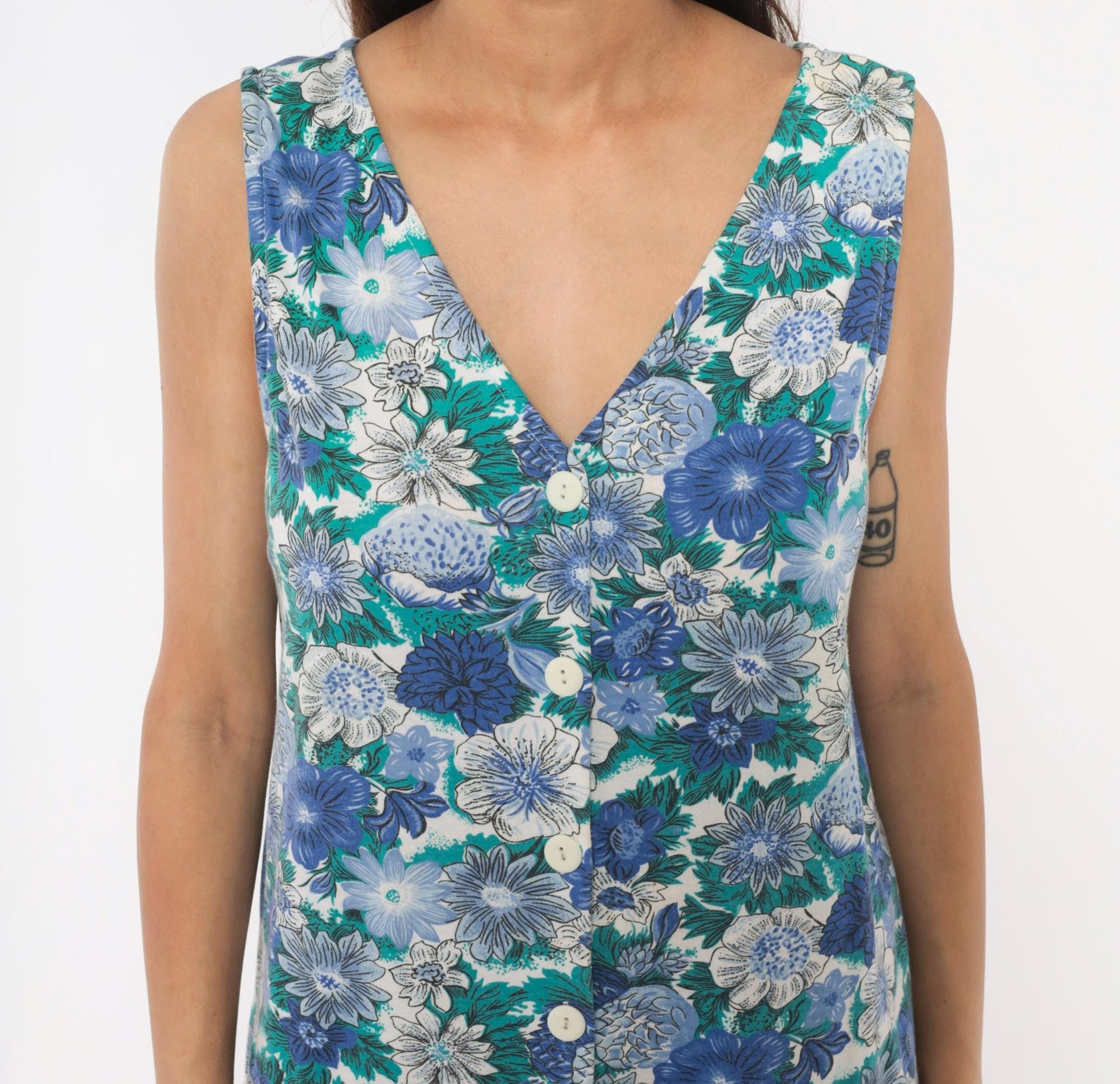 90s Floral Romper Blue Teal White Button Front V Neck Sleeveless Cotton Playsuit Medium M