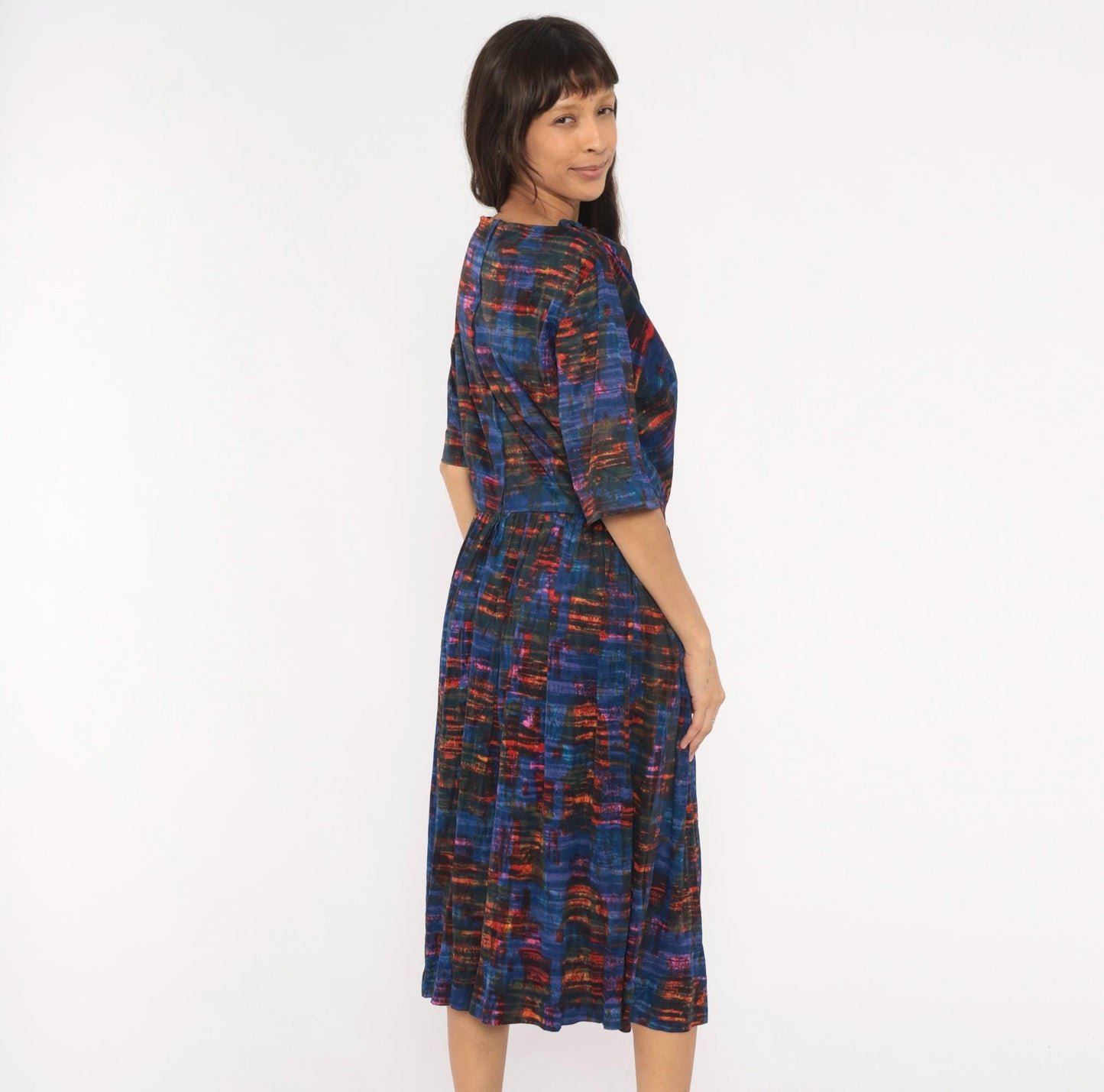 1960s L'Aiglon Cobalt Orange Plaid Dress Boat Neck Pleated Midi Large