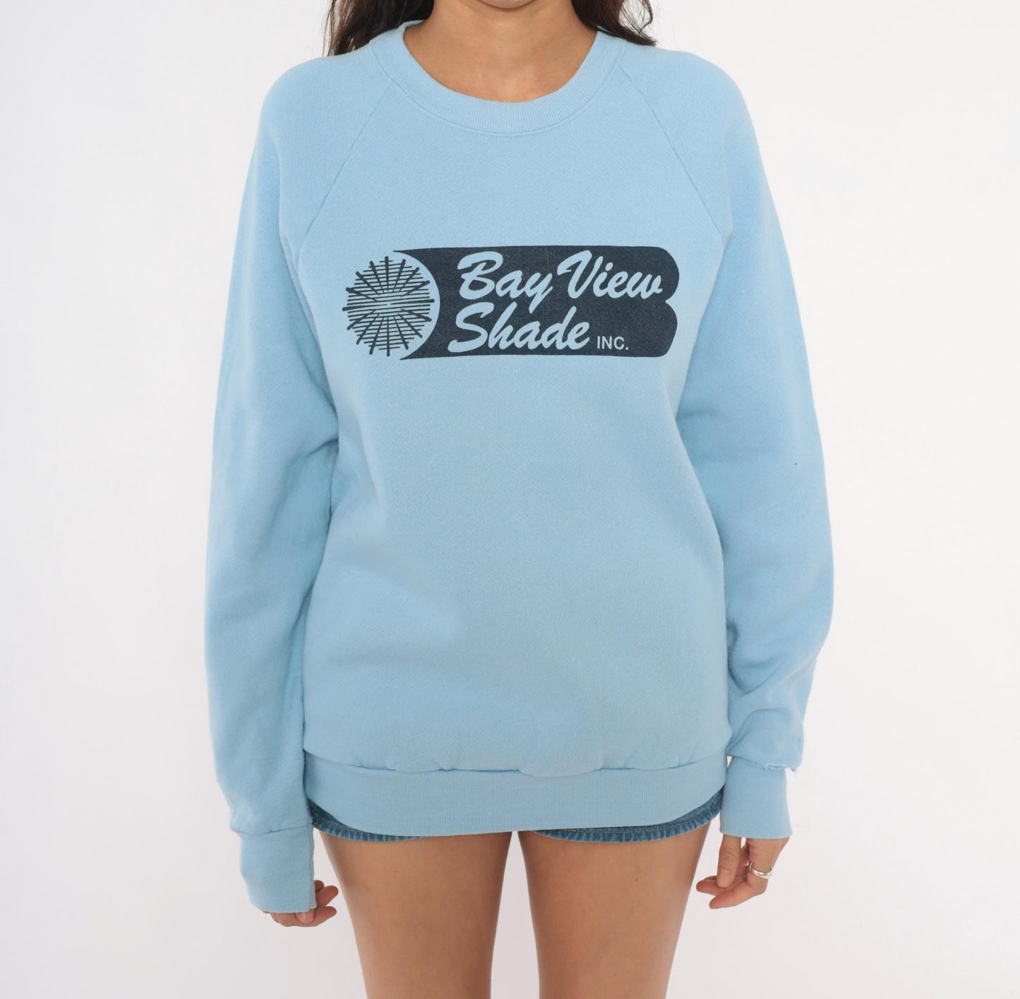 80s Fruit of the Loom Bay View Shade Inc Raglan Sweatshirt Powder Blue Large L