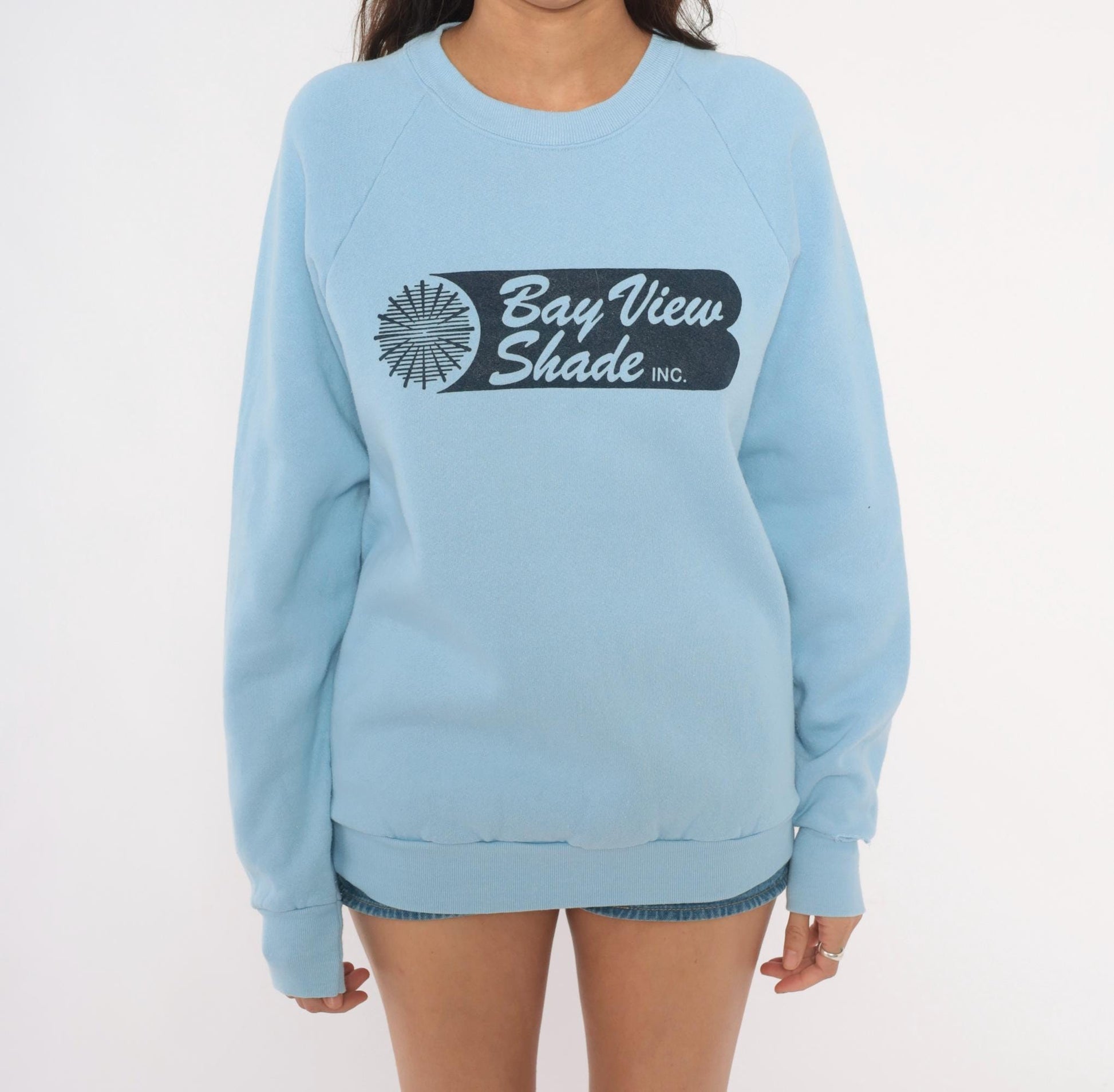 80s Fruit of the Loom Bay View Shade Inc Raglan Sweatshirt Powder Blue Large L
