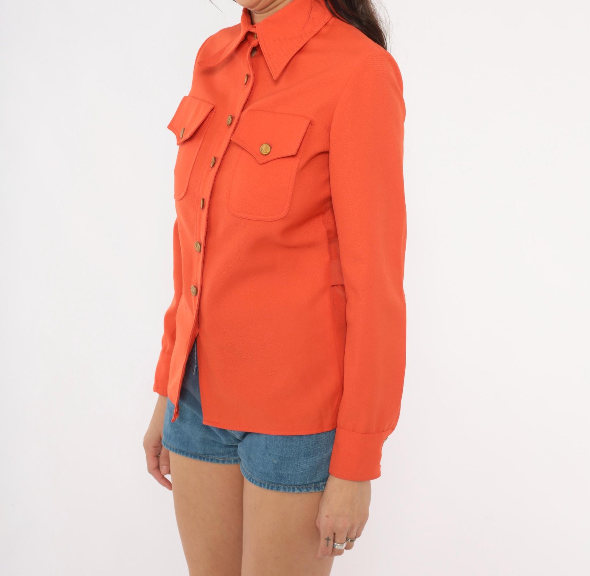 70s Ellen Tracy Orange Button-Up Blouse Gold Accents Western Yoke Small S