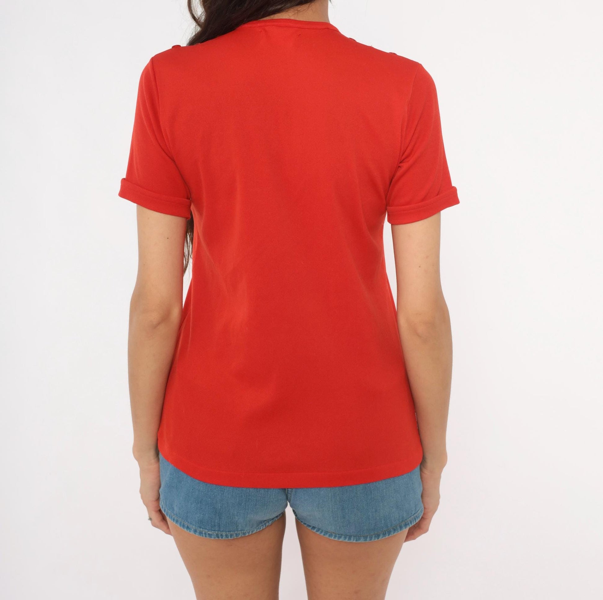 70s Red Henley Blouse Button Front Snap Shoulder Detail Fitted Small