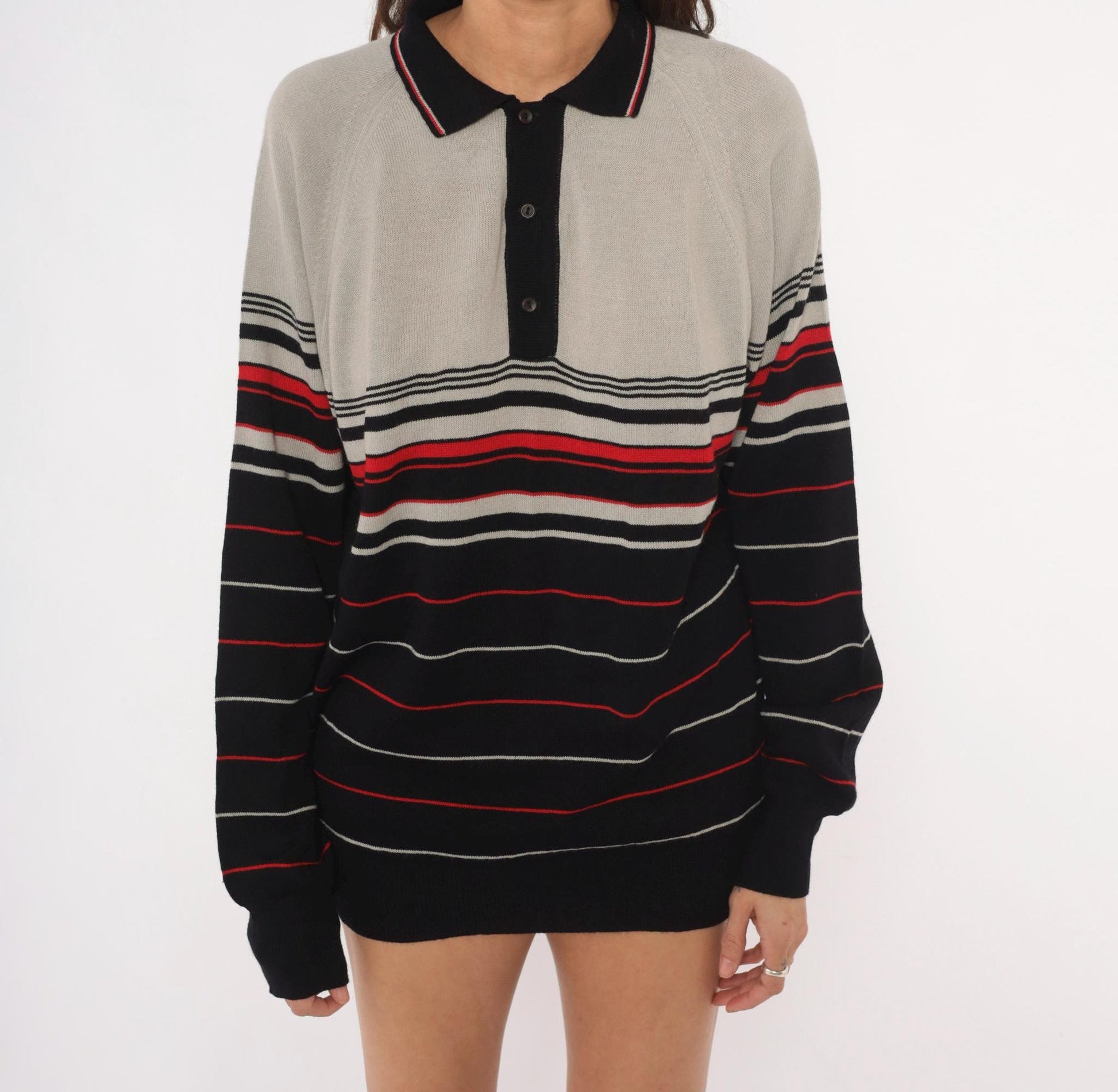 80s Colin Lt Marx Striped Polo Sweater Black Grey Red Raglan Knit Large
