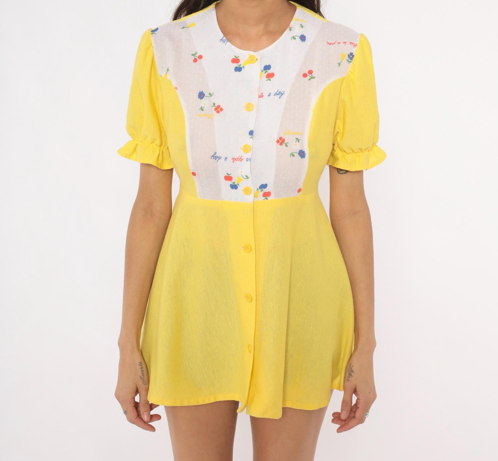 70s Yellow Babydoll Top Puff Sleeve Empire Waist Fruit Print Cotton Blouse Large