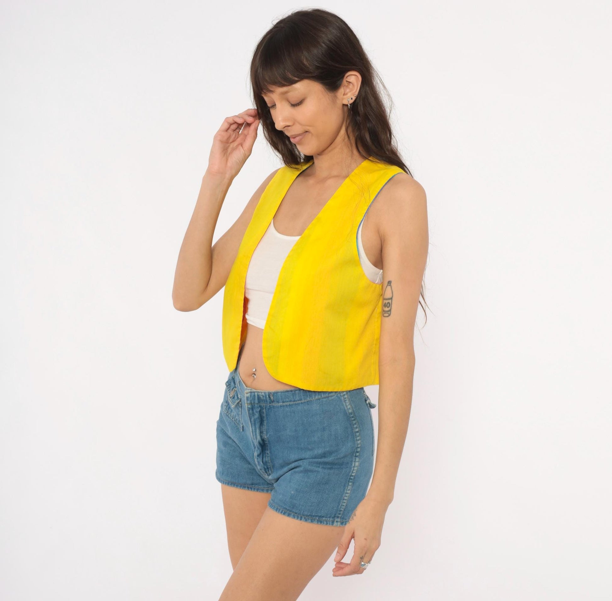 80s Rainbow Stripe Cotton Vest Reversible Yellow Lined Cropped Waistcoat Small