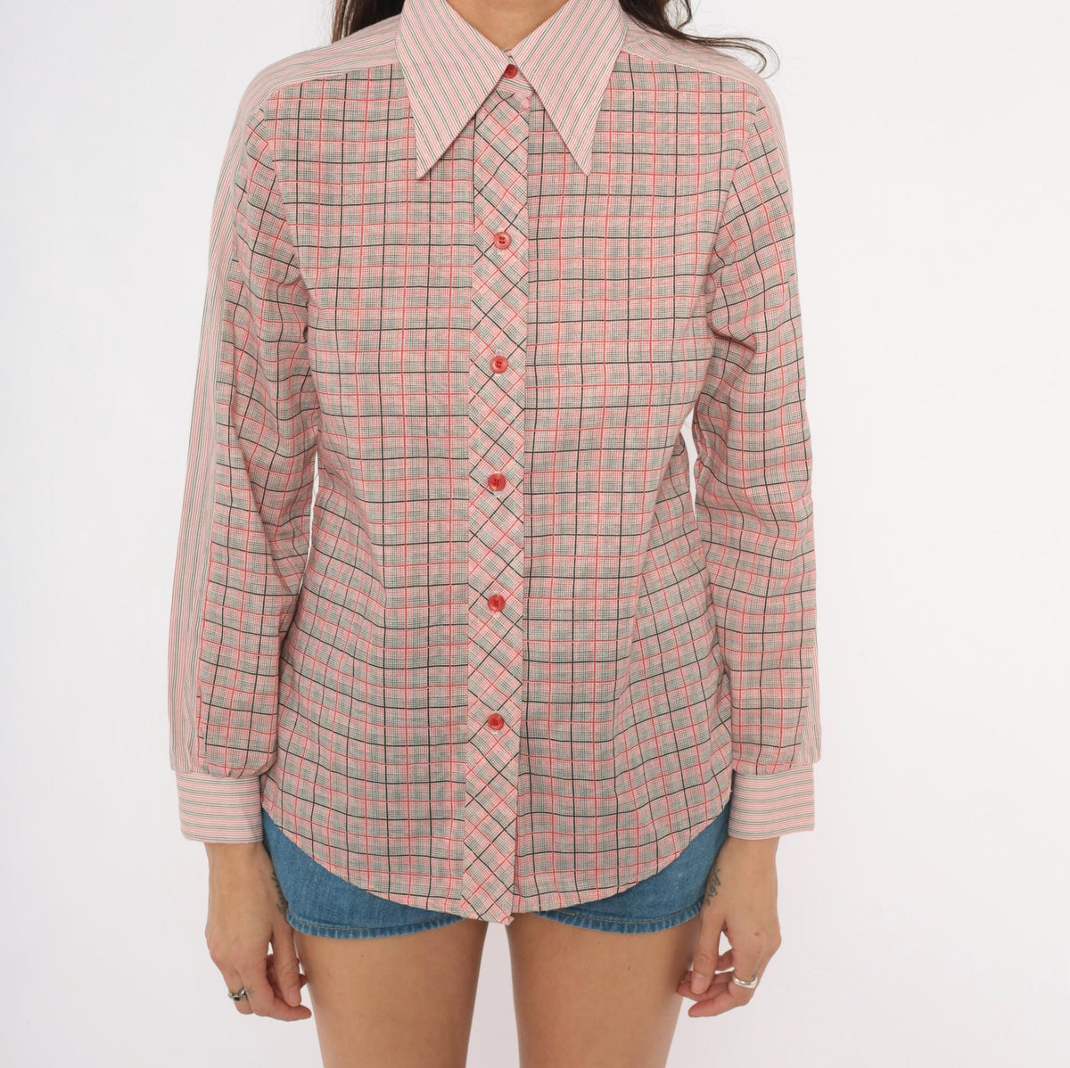 80s Plaid Button-Front Blouse Red Black Glen Check Pointed Collar Small