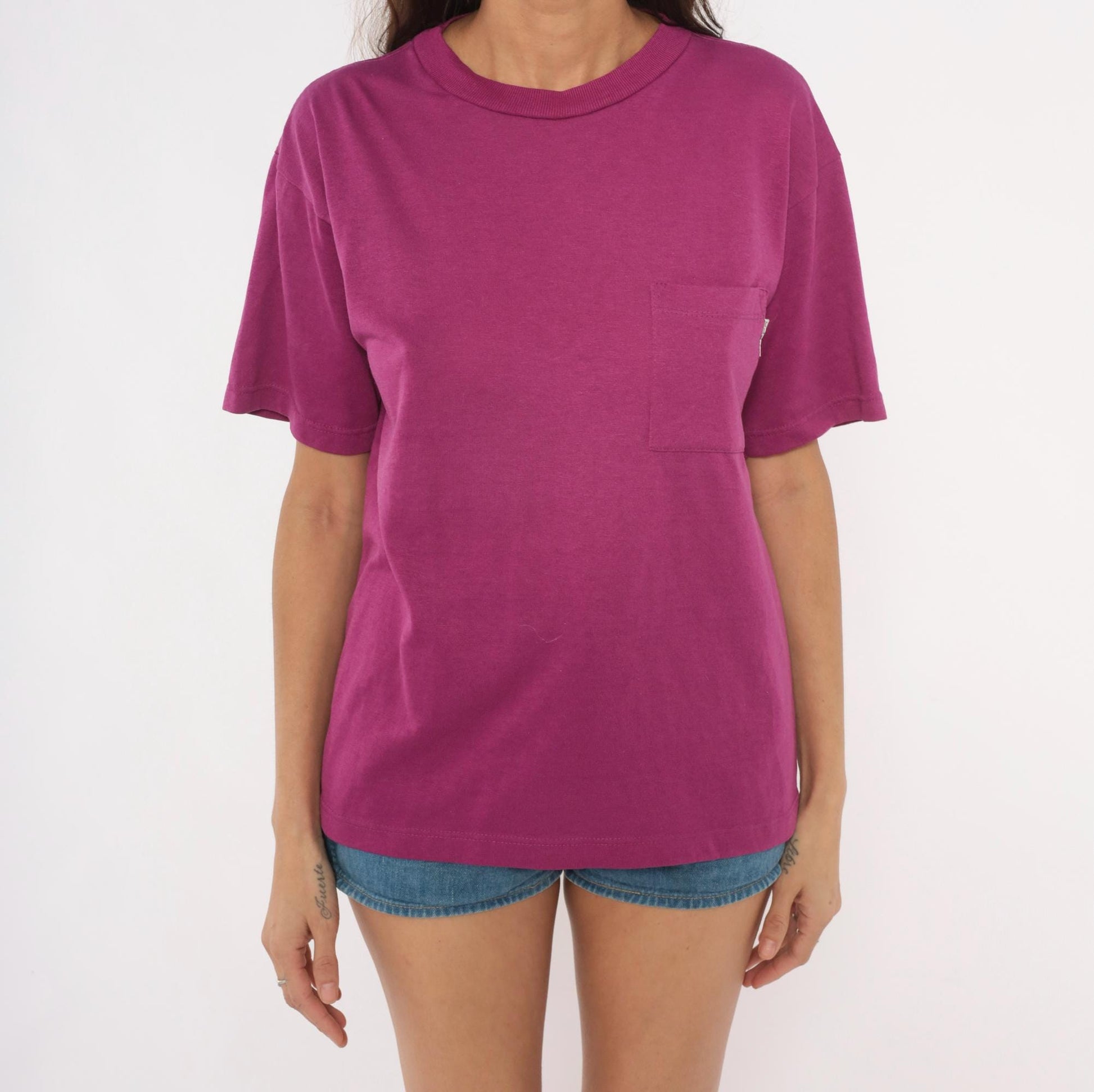 80s Plum Pocket Tee Cotton Crew Neck Boxy Short Sleeve Medium