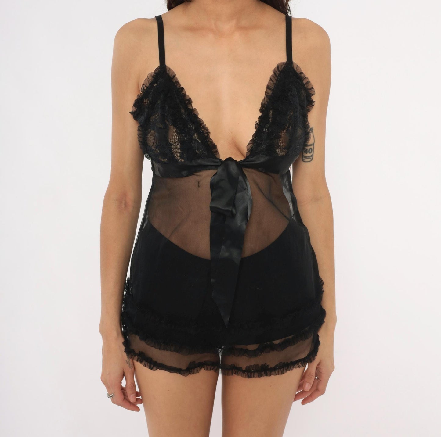 Y2K Black Lace Babydoll Cami Satin Bow Ruffle Trim Nightie Small S