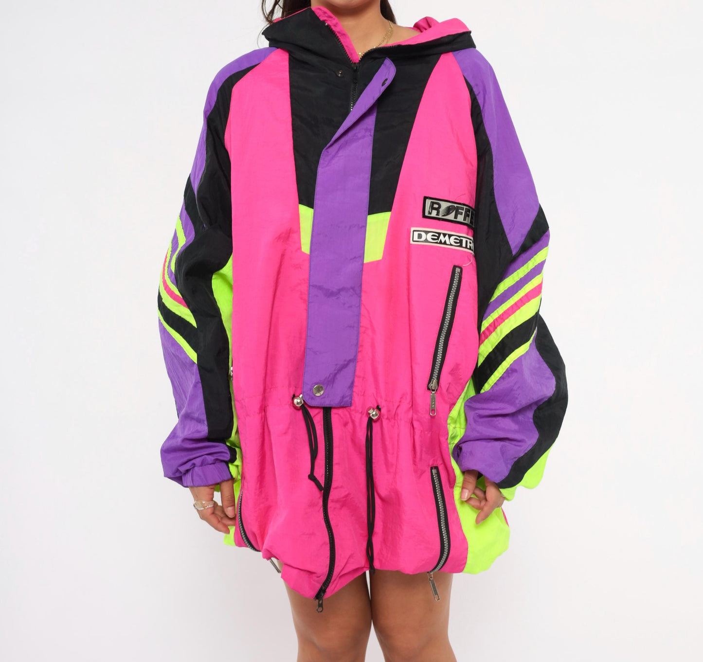 90s Roffe Demetre Neon Pink Ski Anorak Color Block Hooded Jacket Extra Large XL