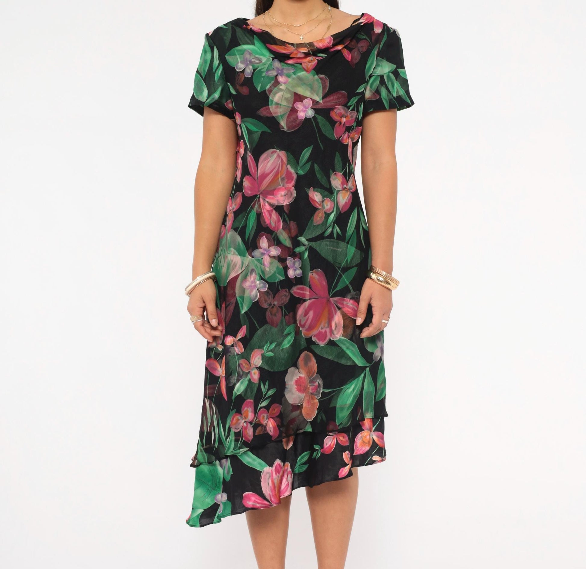 90s Donna Ricco Silk Dress Tropical Floral Black Cowl Neck Layered Hem Medium M