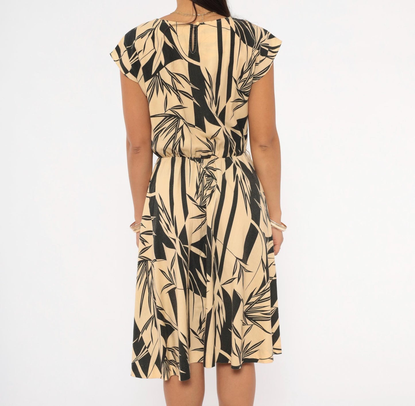 80s Tropical Leaf Print Dress Black Tan Cap Sleeve Knee-Length Small