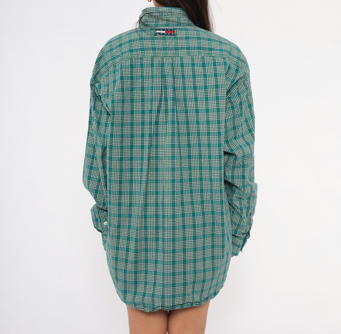 Y2K Tommy Jeans Plaid Flannel Shirt Teal Cotton Button-Up Extra Large
