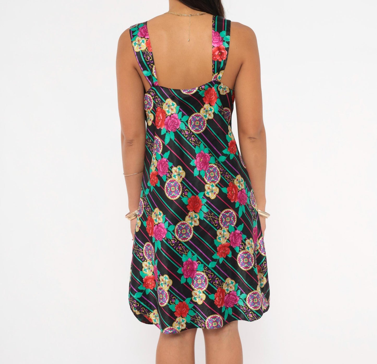 90s Emanuell Floral Medallion Slip Dress Black Fuchsia Teal Knee-Length Medium