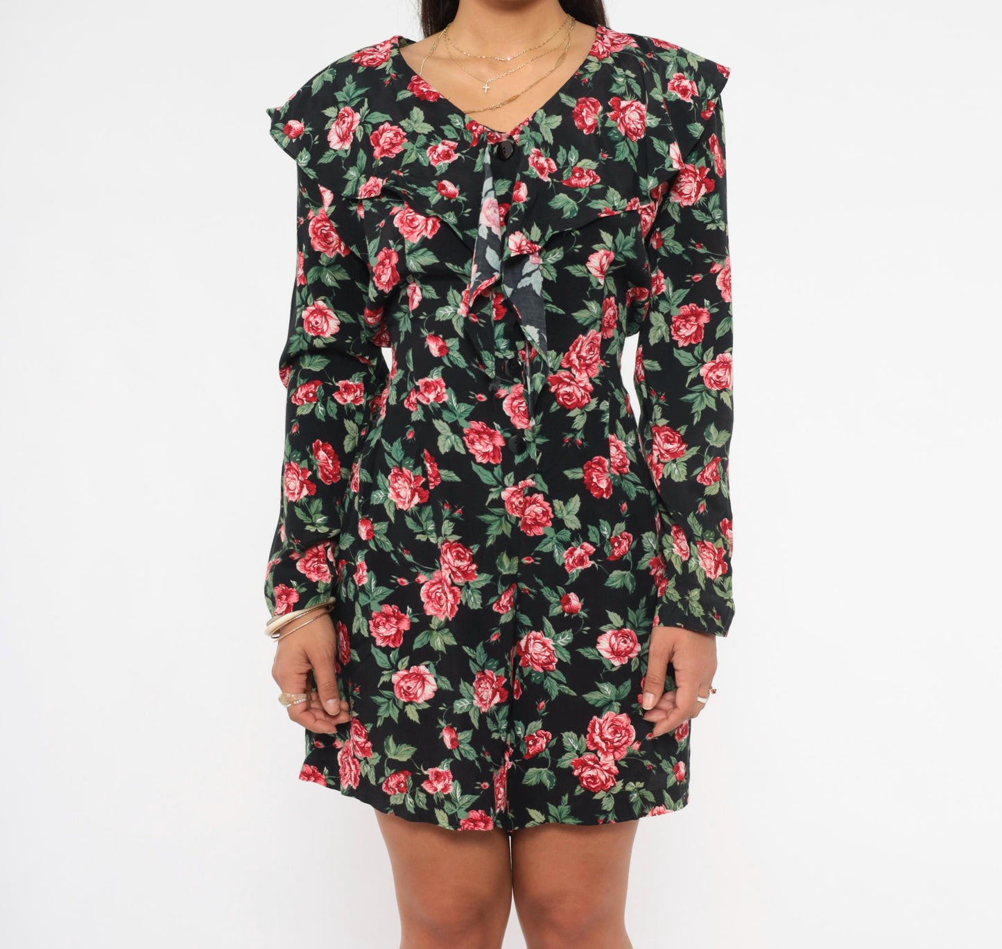 90s Rampage Rose Print Mini Dress Black Floral V-Neck Ruffle Long Sleeve Small