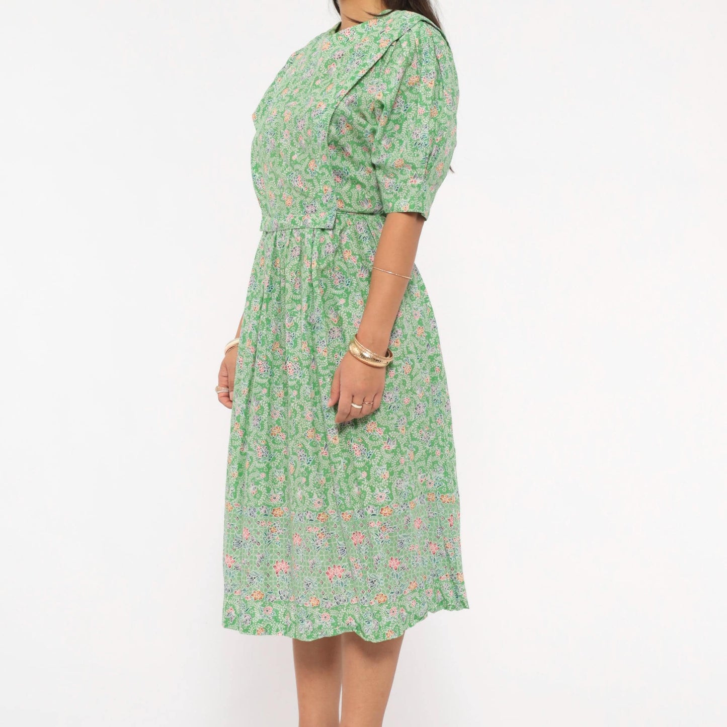 70s Jane Schaffhausen Floral Midi Dress Puff Sleeve Cotton Green Botanical Medium M