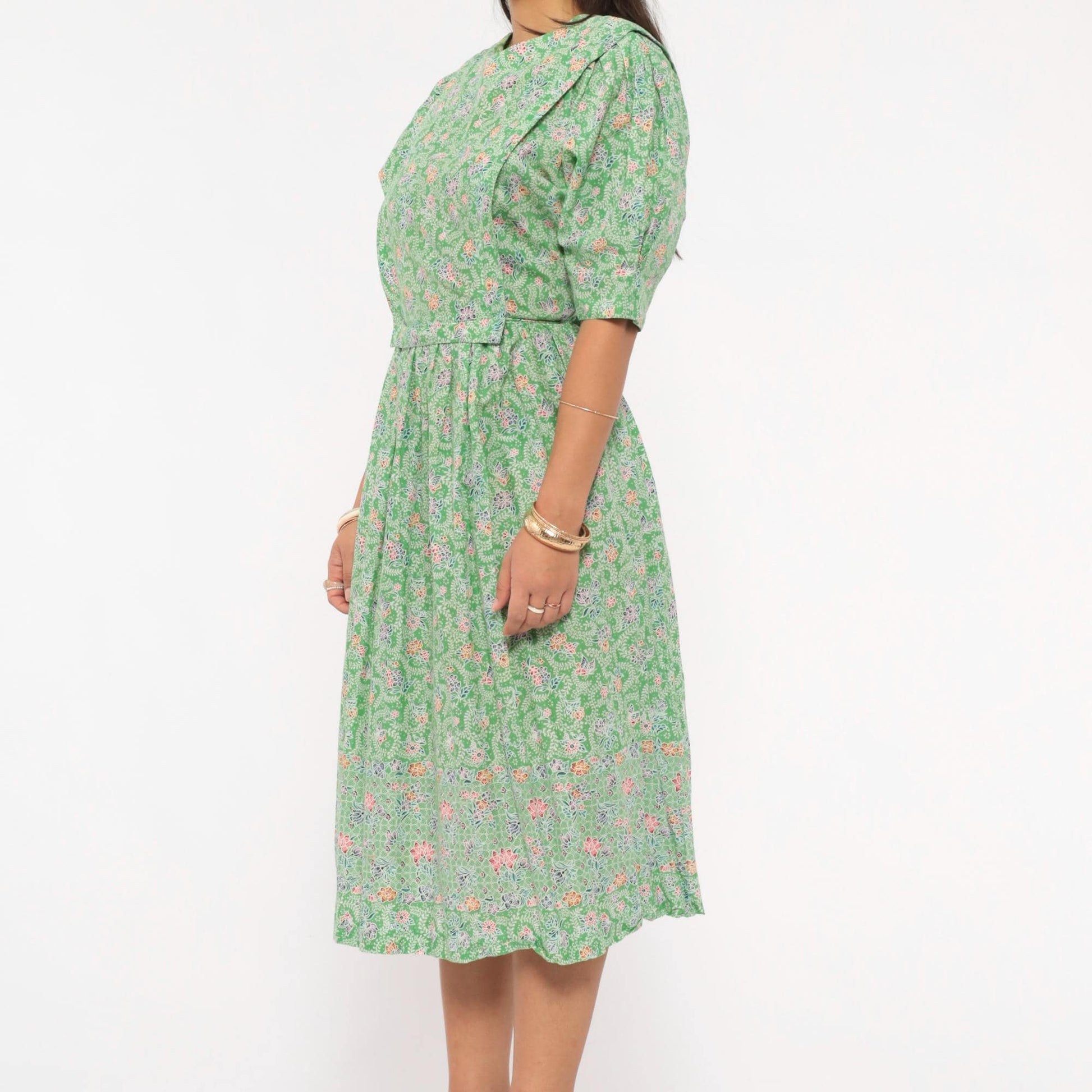 70s Jane Schaffhausen Floral Midi Dress Puff Sleeve Cotton Green Botanical Medium M
