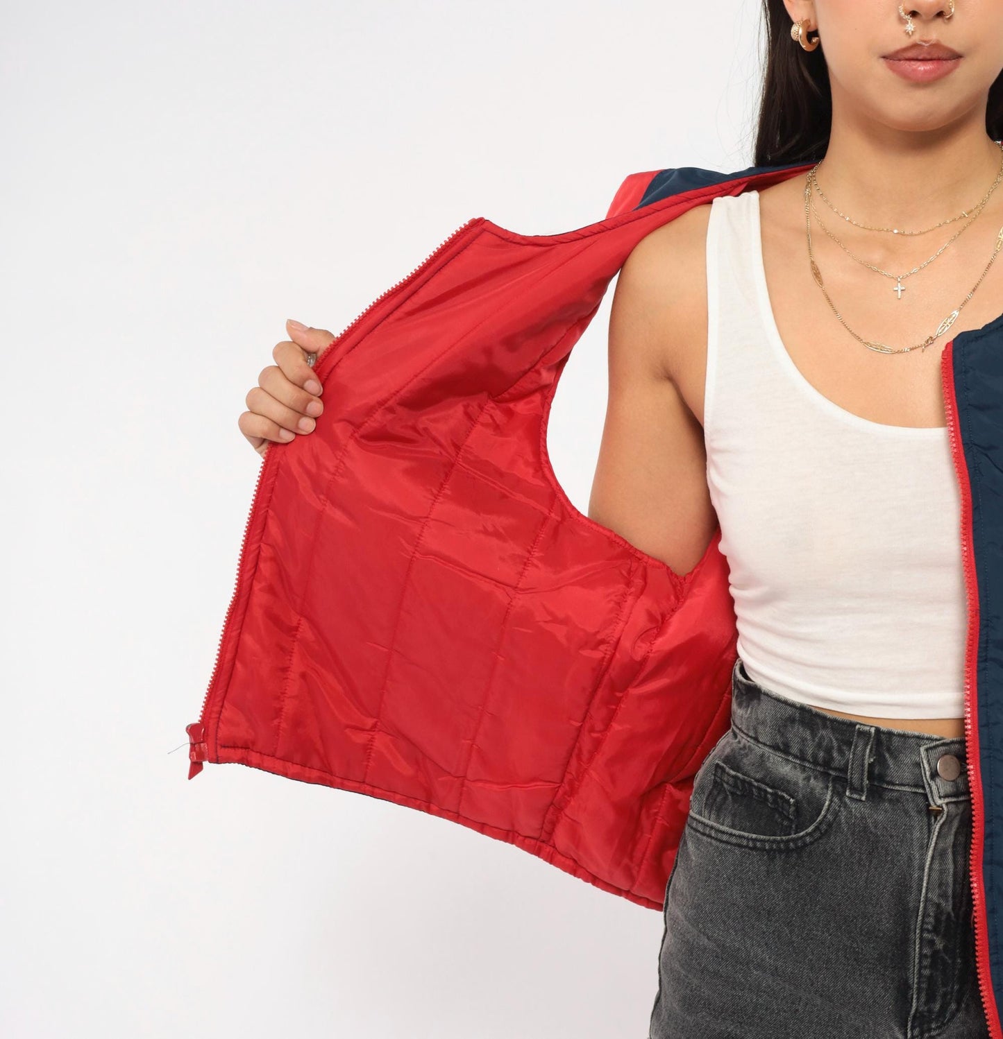90s Reebok Colorblock Puffer Vest Navy Red Embroidered Logo Large L