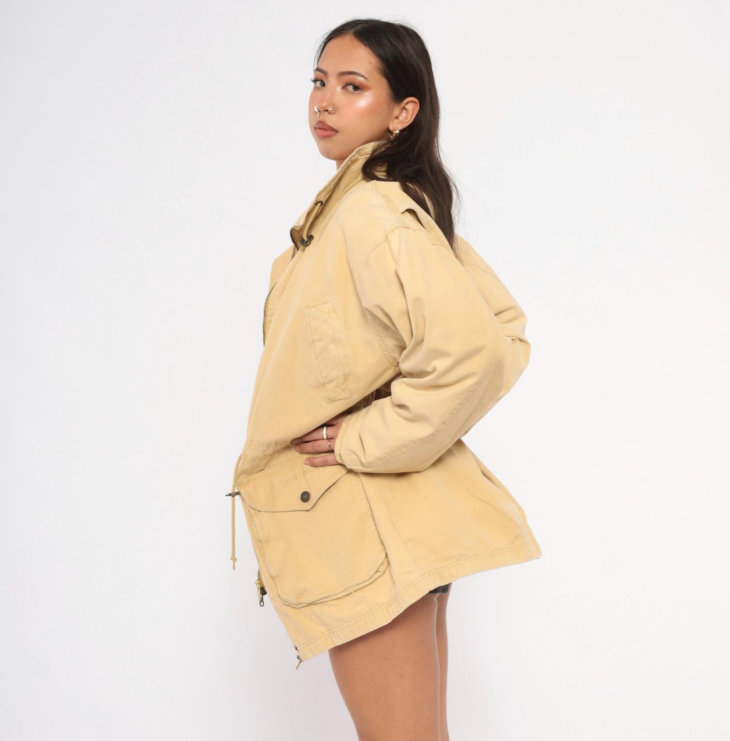 90s World Adventure Wolverine Tan Parka Cargo Jacket High Collar Small Petite