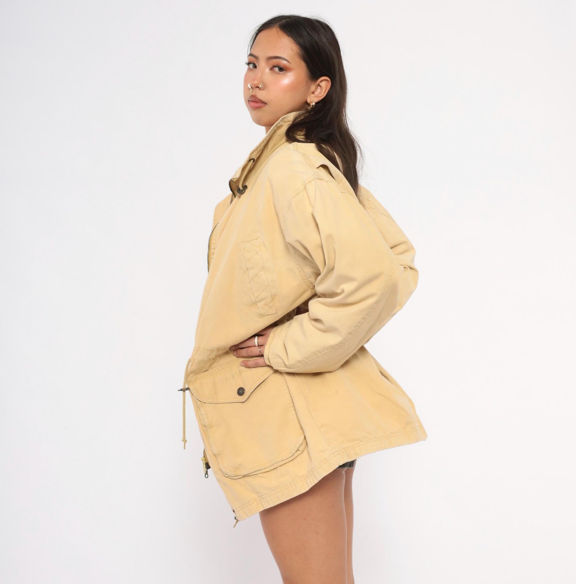 90s World Adventure Wolverine Tan Parka Cargo Jacket High Collar Small Petite