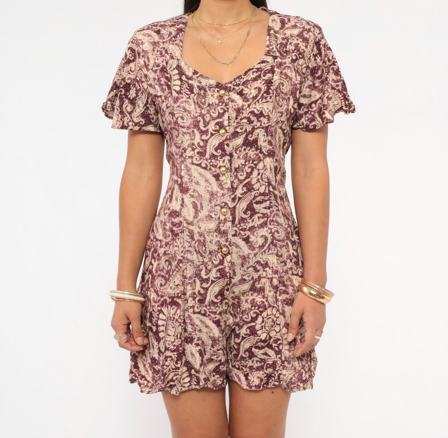 90s Caroline Wells Paisley Romper Burgundy Cream Flutter Sleeve Small