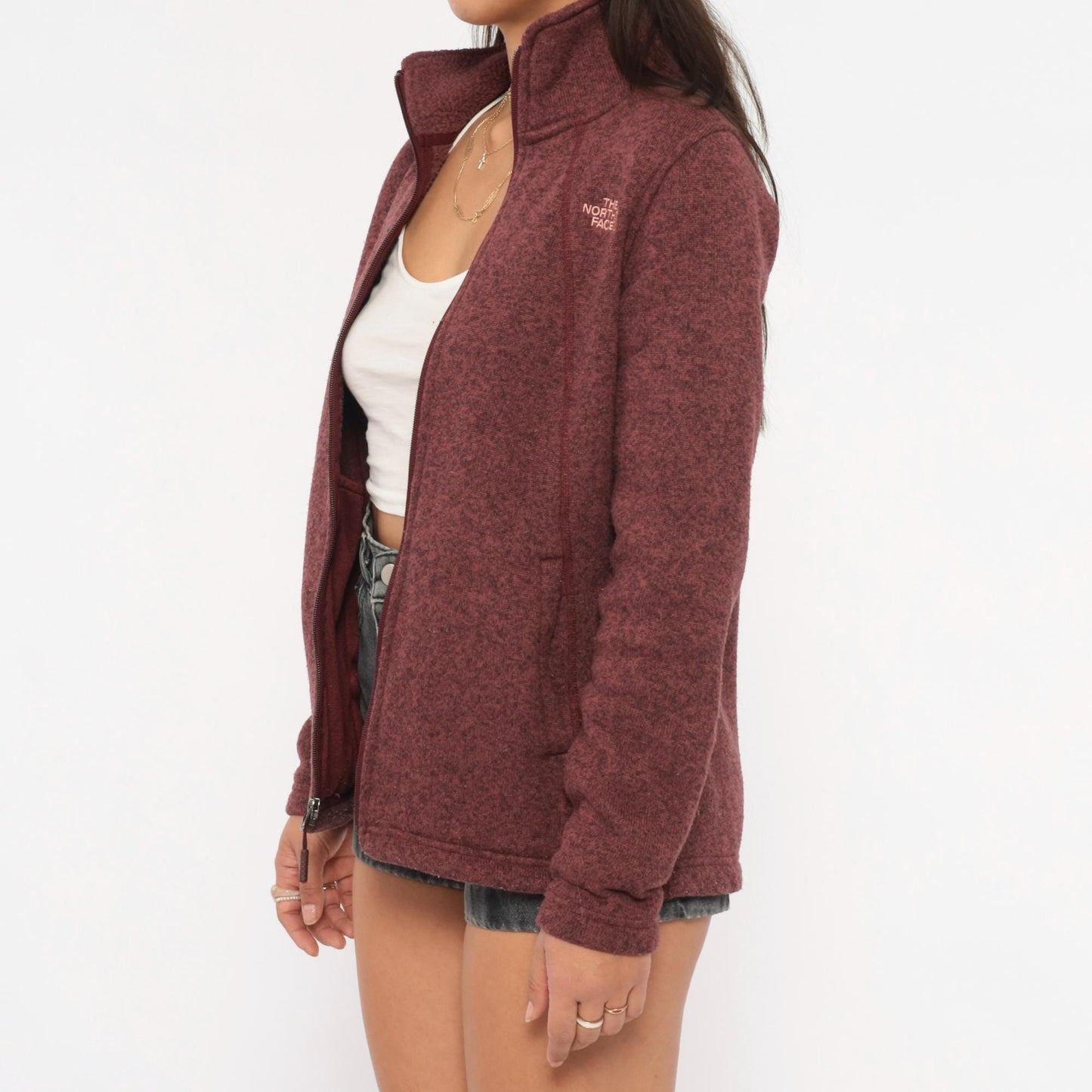 2000s The North Face Burgundy Fleece Jacket Raglan Small Petite