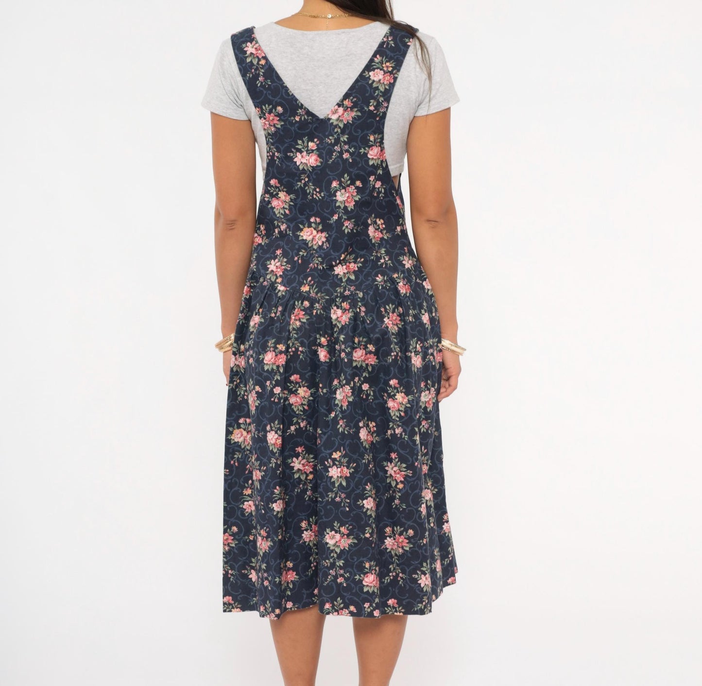 90s Navy Floral Pinafore Dress Pink Rose Print Mid-Calf Gathered Jumper XS