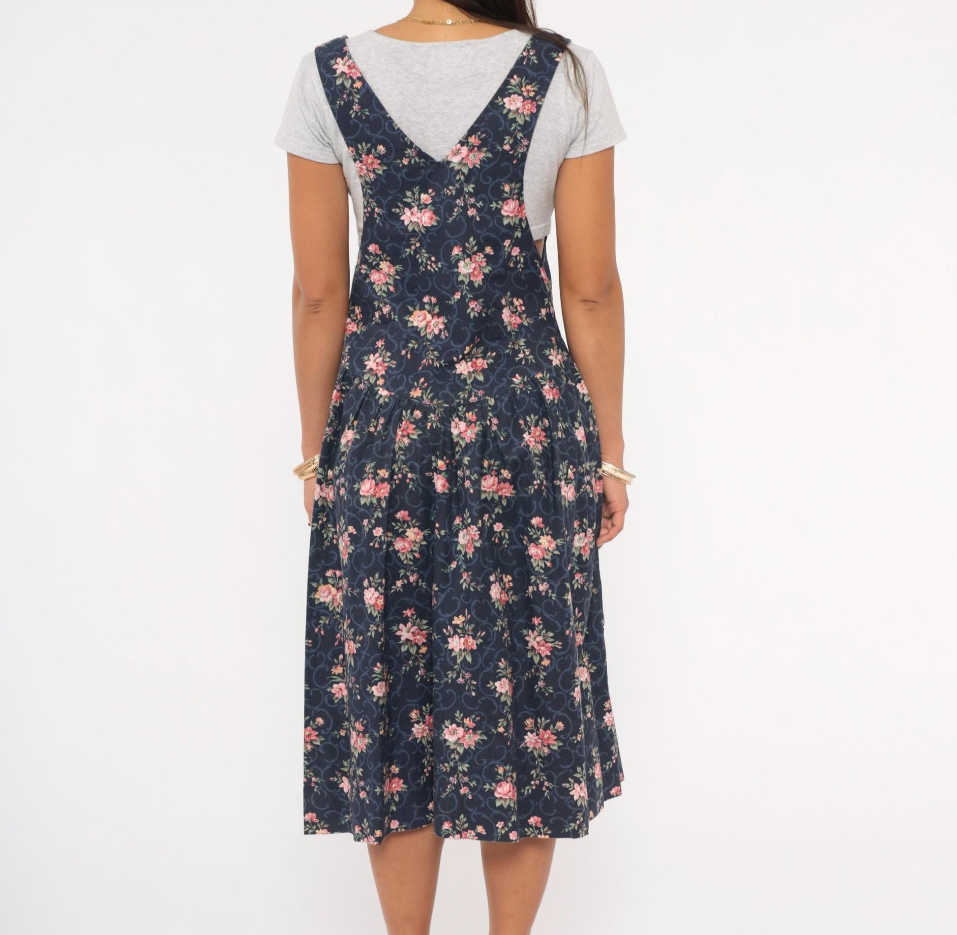 90s Navy Floral Pinafore Dress Pink Rose Print Mid-Calf Gathered Jumper XS