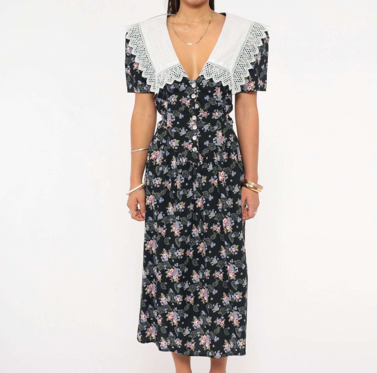 80s Eber Navy Floral Midi Dress Lace Collar Cotton Paisley Medium M