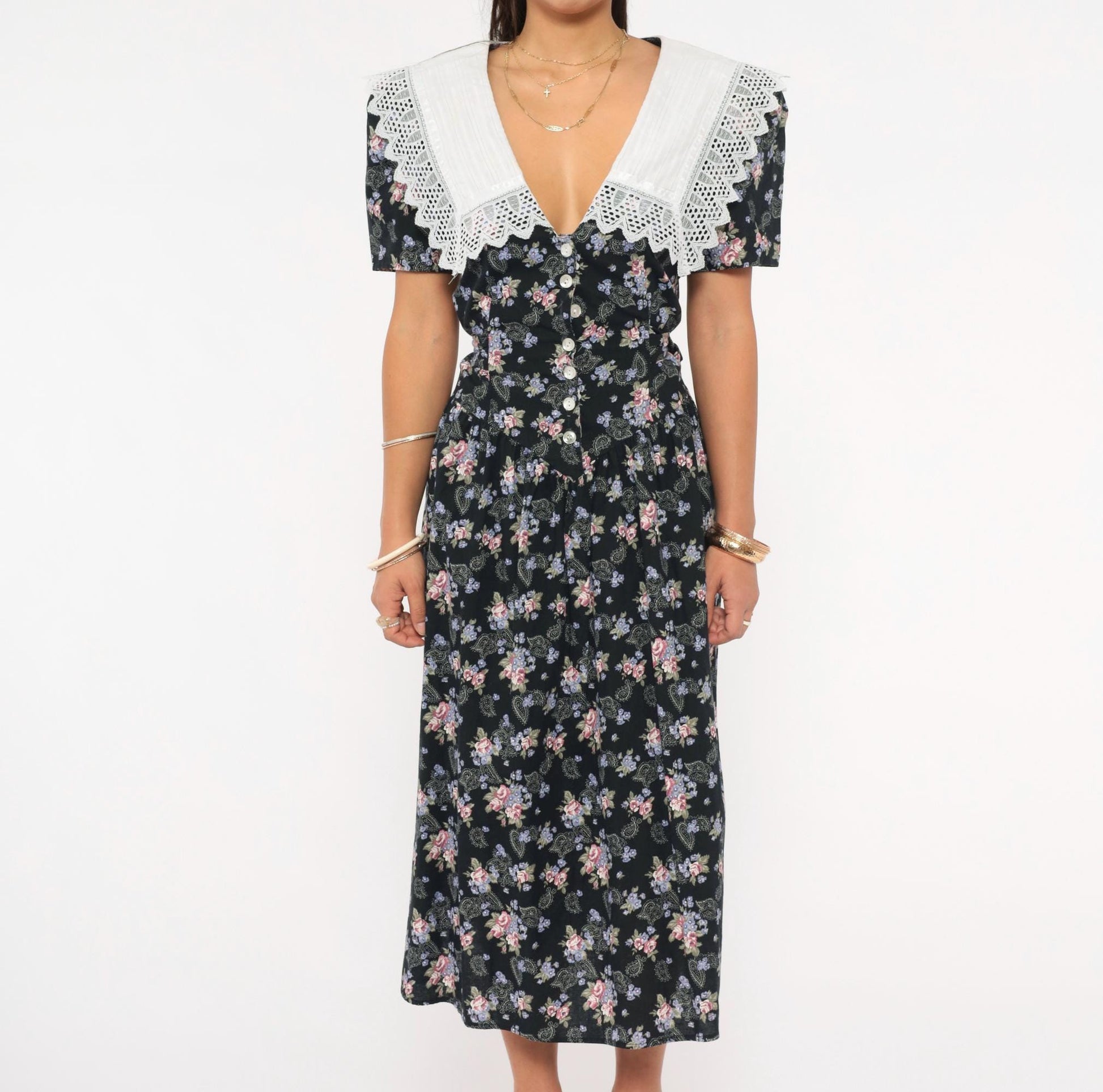 80s Eber Navy Floral Midi Dress Lace Collar Cotton Paisley Medium M