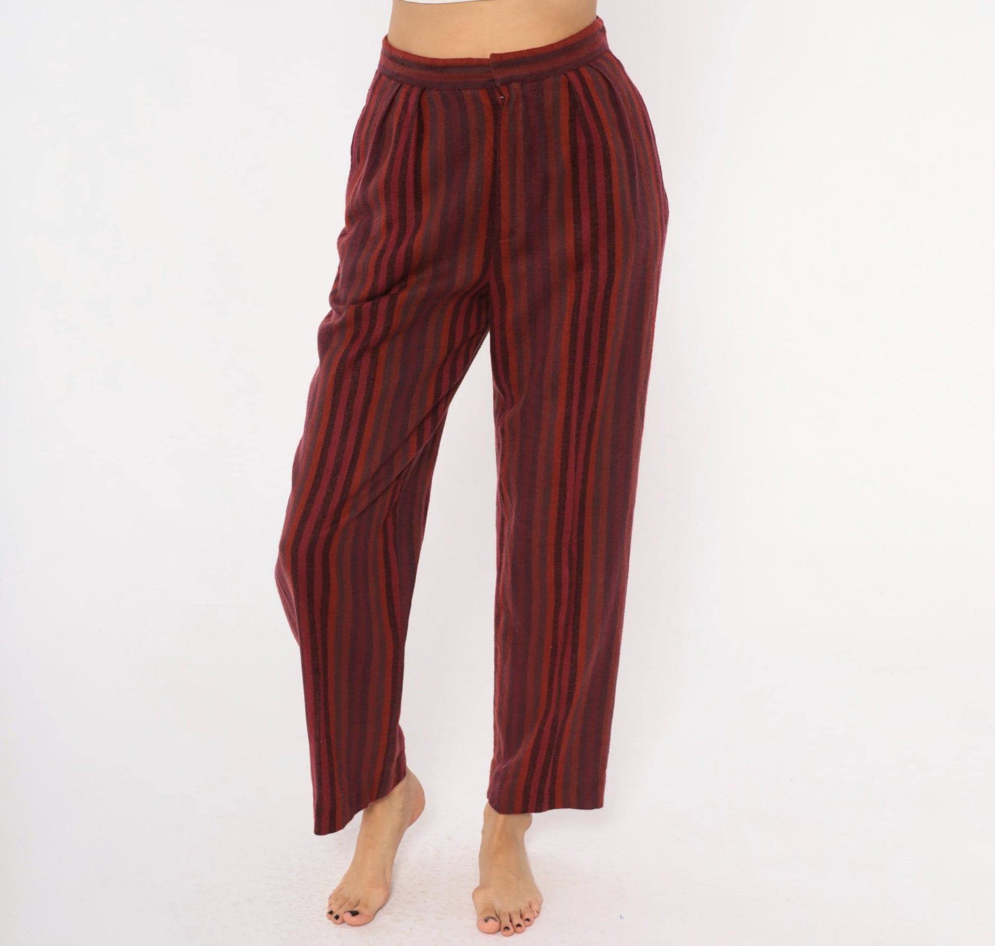 70s Burgundy Striped High Waist Tapered Trousers Pleated Front Small