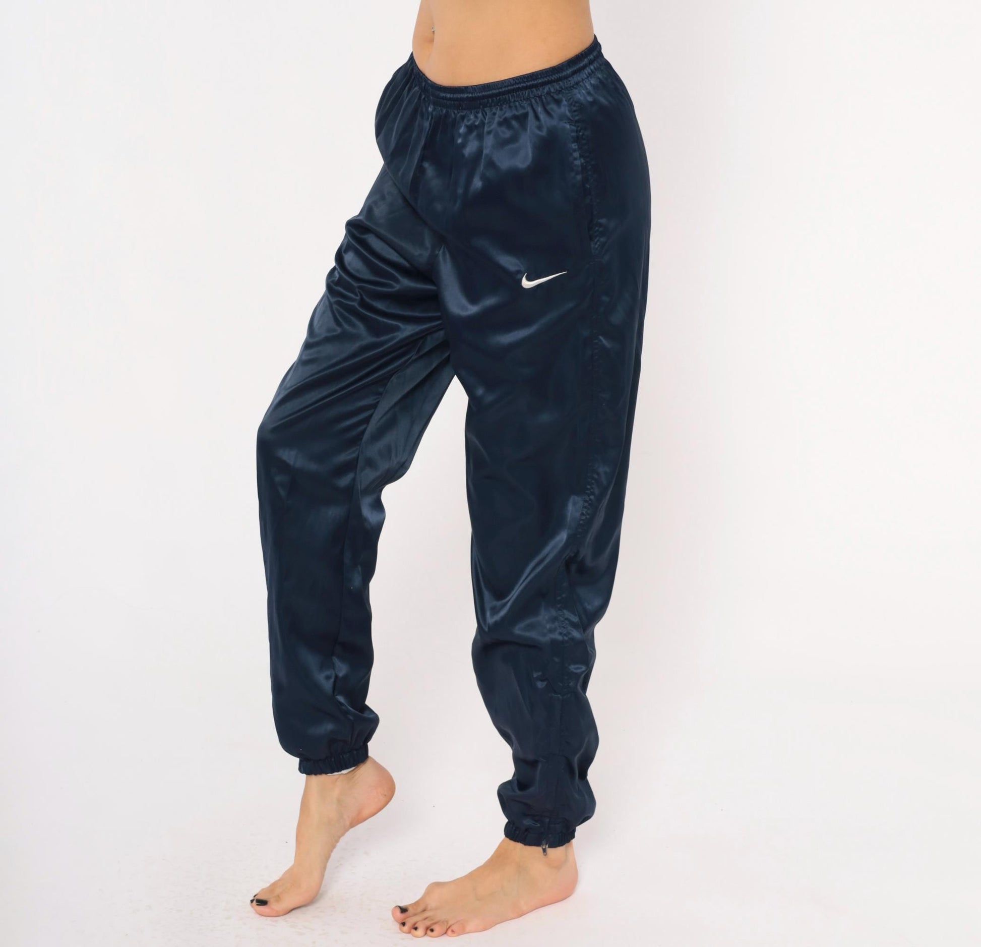 90s Nike Navy Satin Track Pants Swoosh Logo Elastic Waist Small S