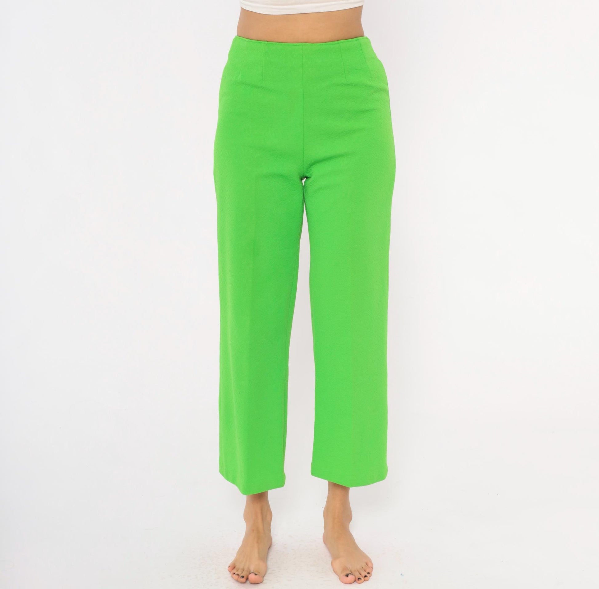 70s Lime Green High-Waist Wide Leg Flare Pants Ankle Length Small S