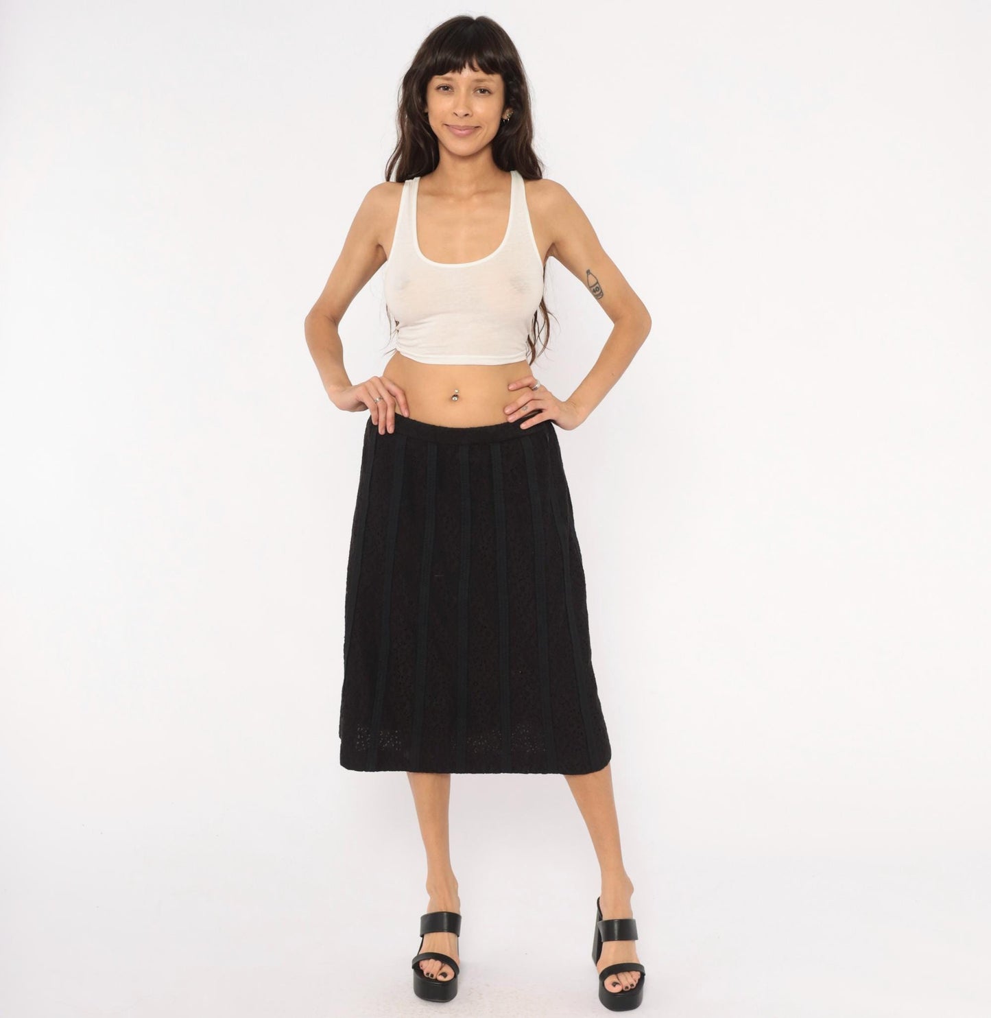 2000s Susan Graver Black Eyelet Knit A-Line Skirt Knee-Length Medium M