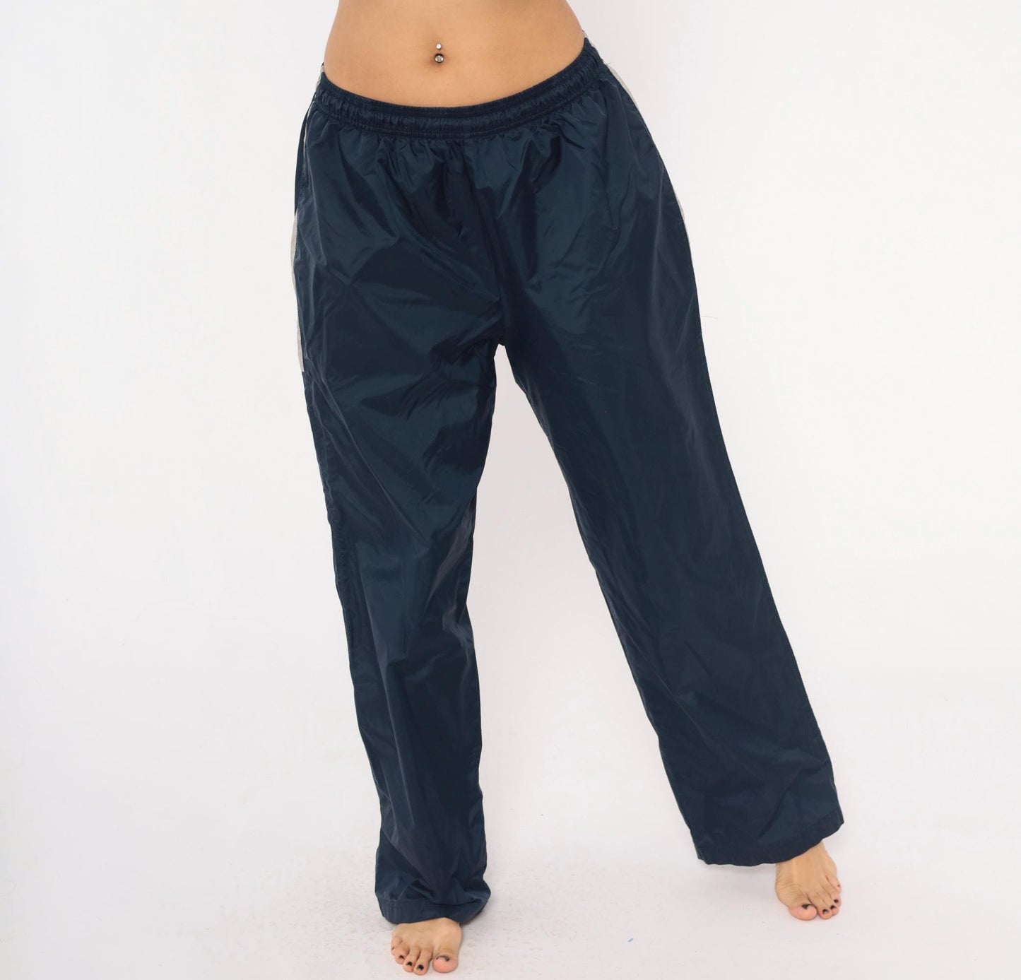 90s Reebok Navy Track Pants Nylon Elastic Waist Straight Leg Large L