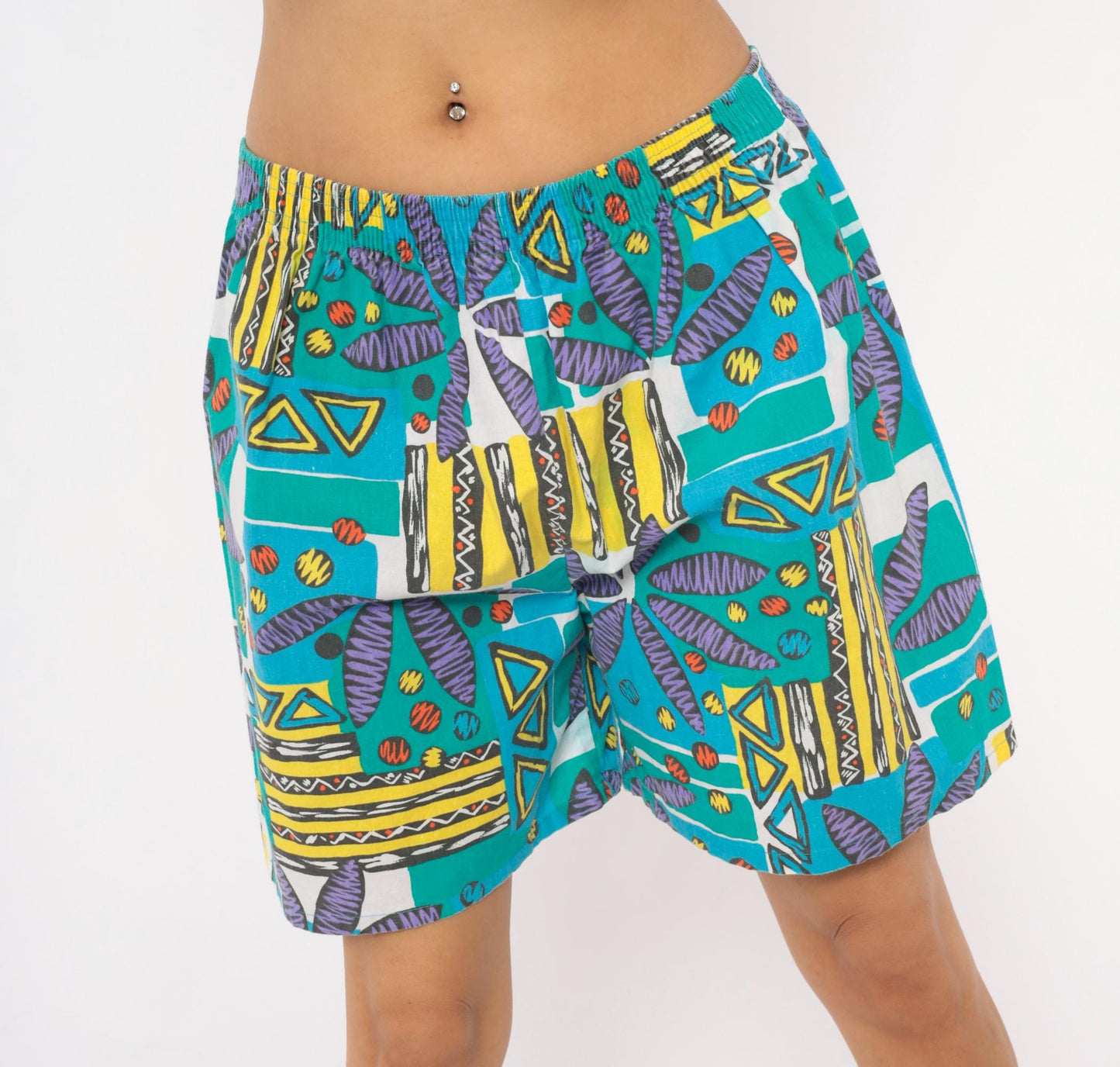 90s Athletic Works Abstract Shorts Teal Purple Geometric Print Cotton Medium
